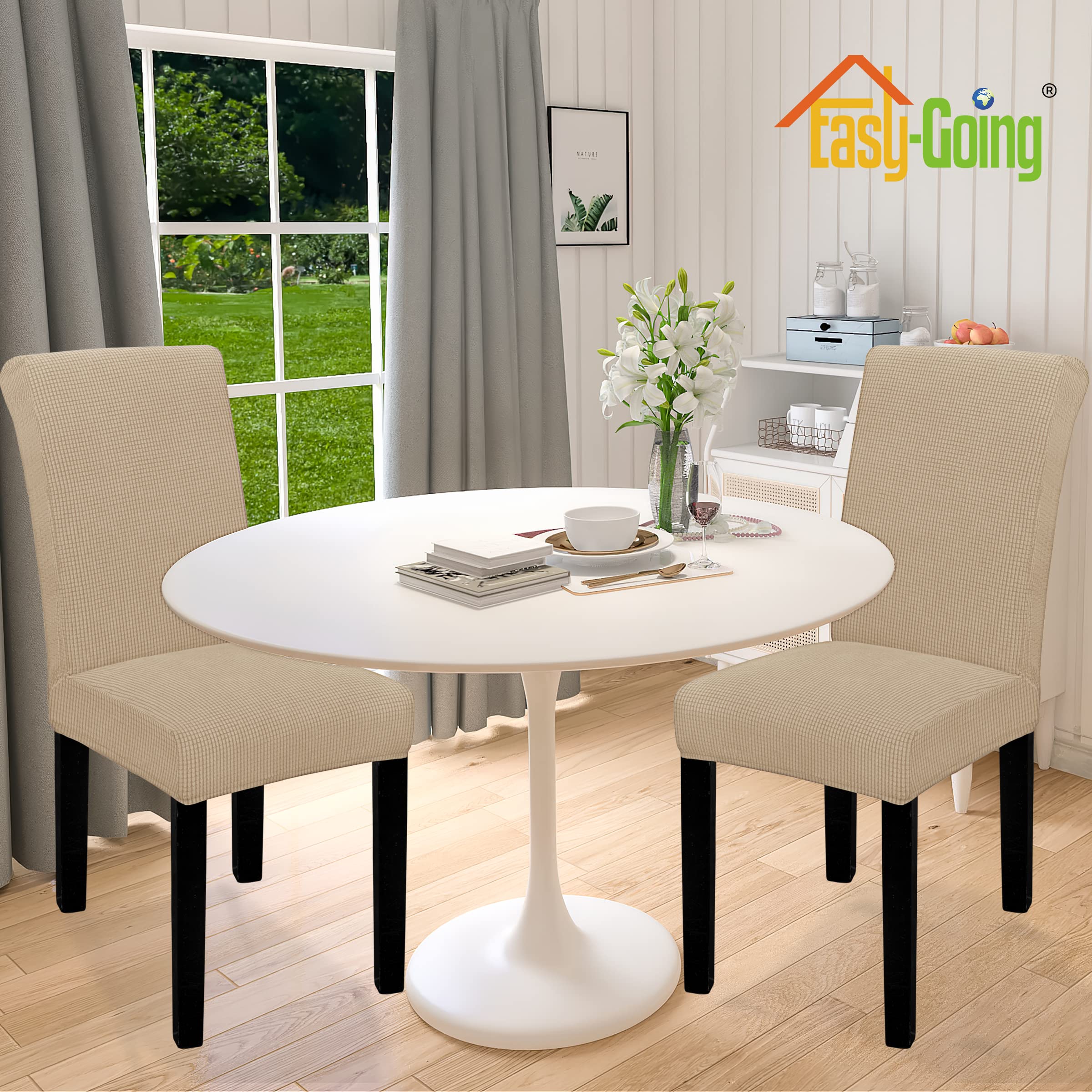 Easy-Going 100% Waterproof Dining Room Chair Cover Set Of 4, Stretch Jacquard Parson Chair Slipcover Removable Washable Chair Protector For Home, Restaurant, Banquet (Xlarge, Sand)