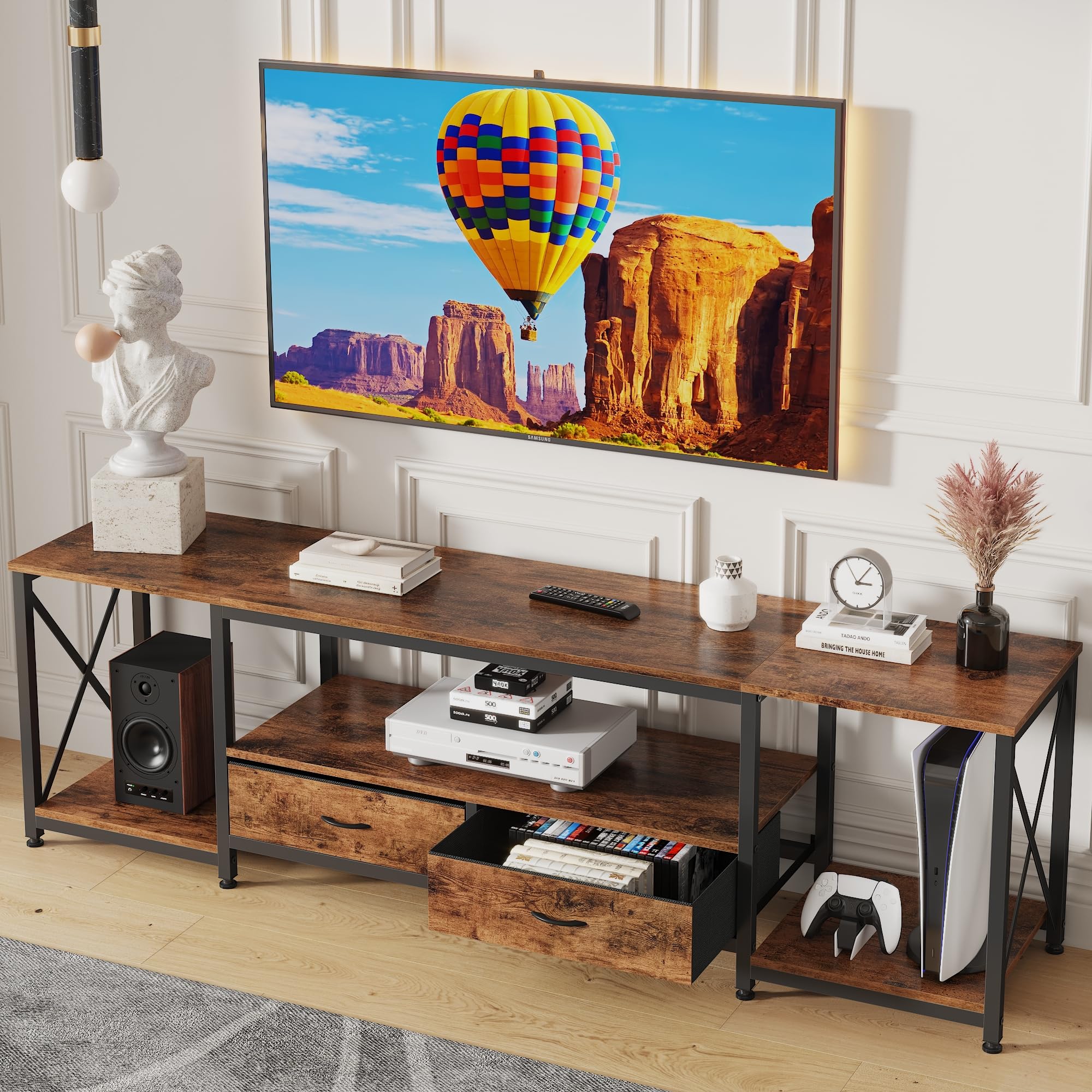 Gyiiyuo Tv Stand With Fabric Drawers For 75 80 Inches Tv - Entertainment Center And Industrial Tv Console Table With Open Storag