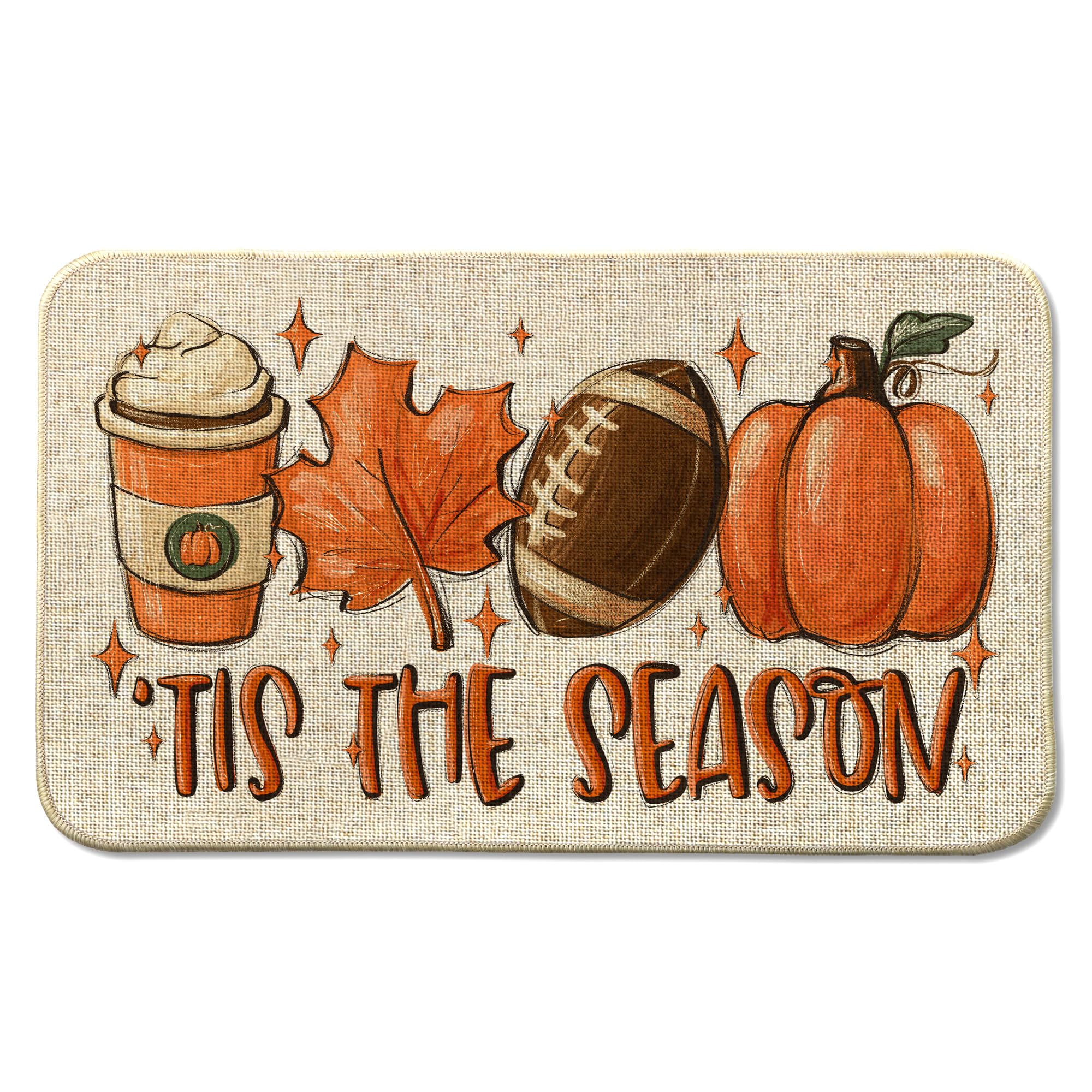 Fall Football Pumpkin Front Door Mat Indoor Outdoor Entrance, Tis The Season Autumn Maple Leaves Washable Non-Slip Rubber Doorma