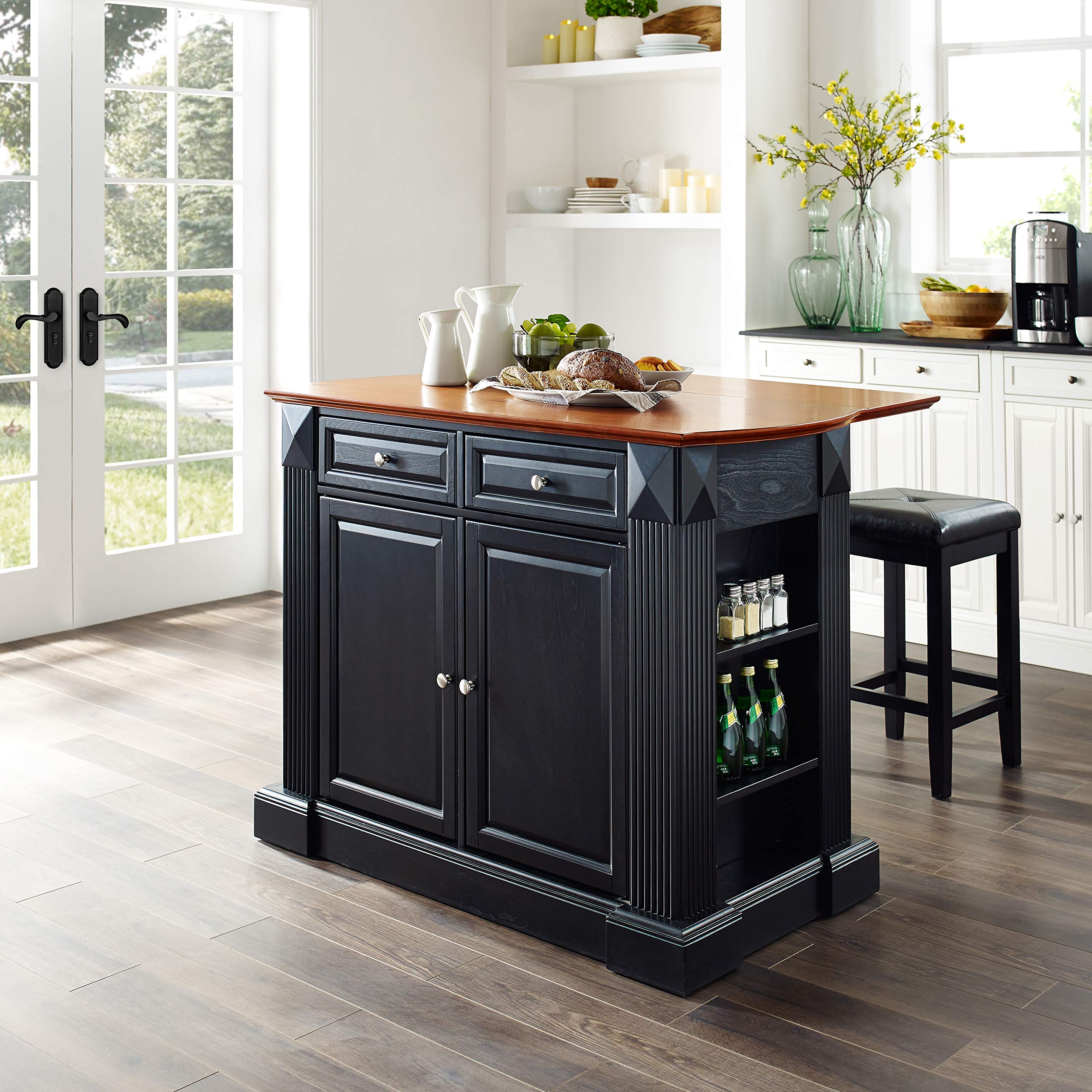 Crosley Furniture Drop Leaf Kitchen Island/Breakfast Bar With 24-Inch Upholstered Square Seat Stools, Black