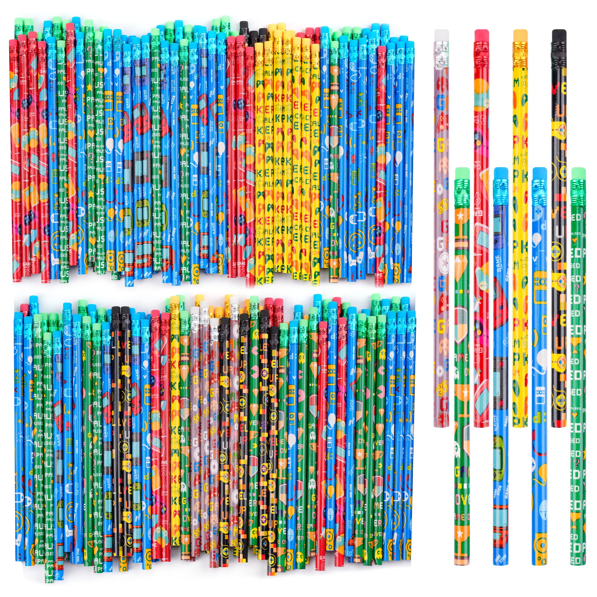 Kolewo4Ever 200 Pieces Video Game Pencils Assortment Cylinder Wood Pencils With Various Game Pattern Icons For Party Favors Birt