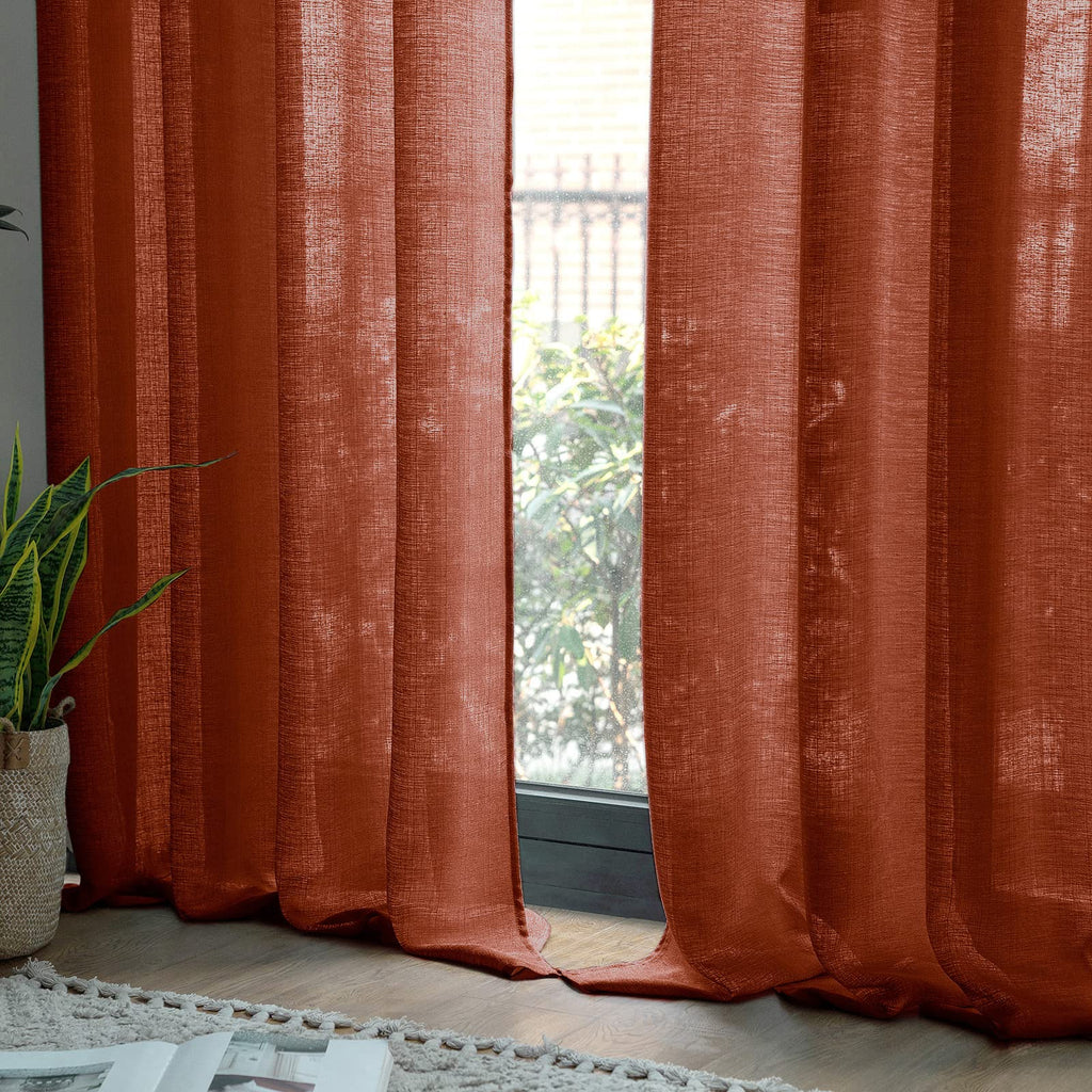 Miulee Burnt Orange Faux Linen Semi Sheer Curtains 2 Panels For Living Room Bedroom Textured Light Filtering Privacy Window Curt
