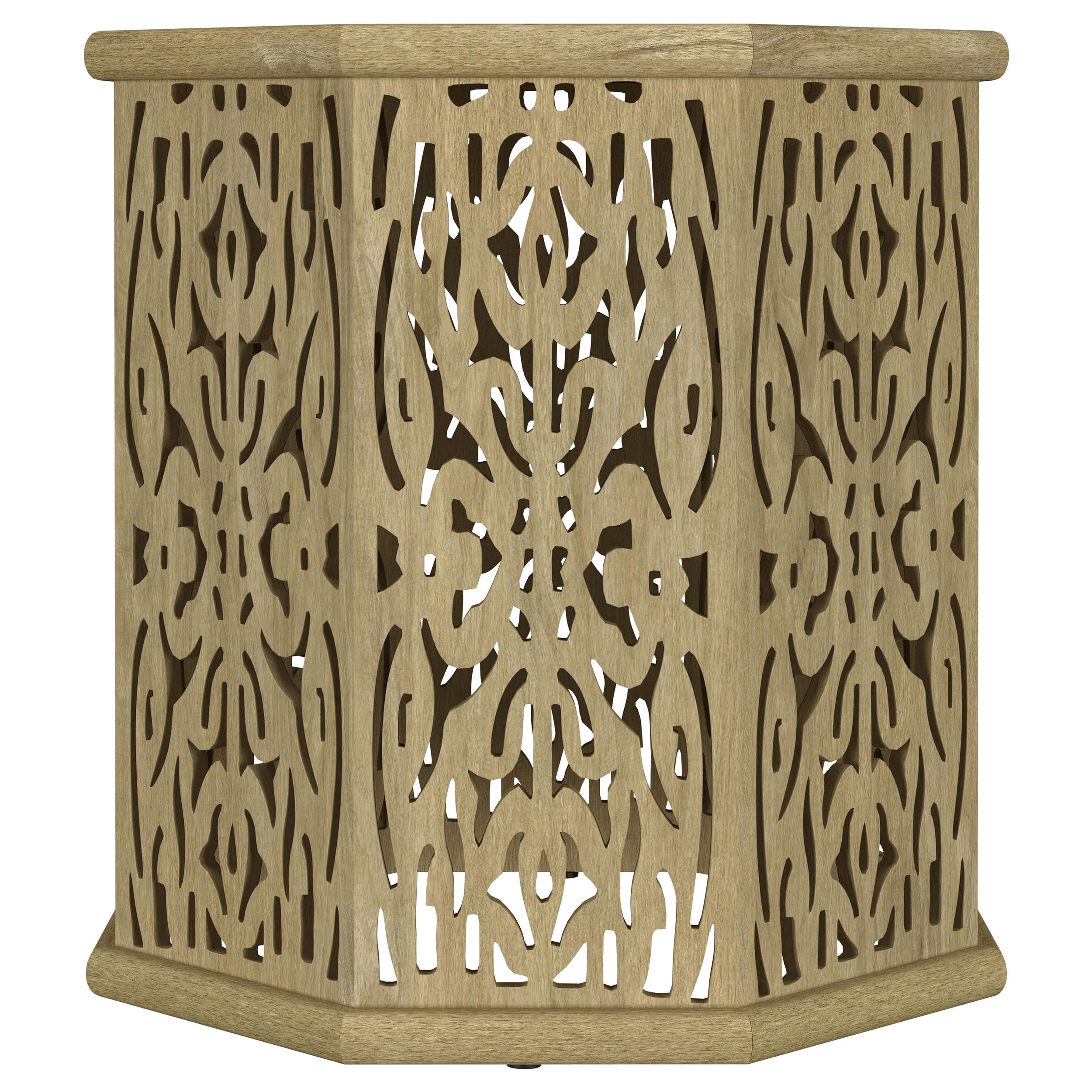 Coaster Home Furnishings Torres Octagonal Solid Wood Side Table with Intricate Openwork Carvings Natural Brown