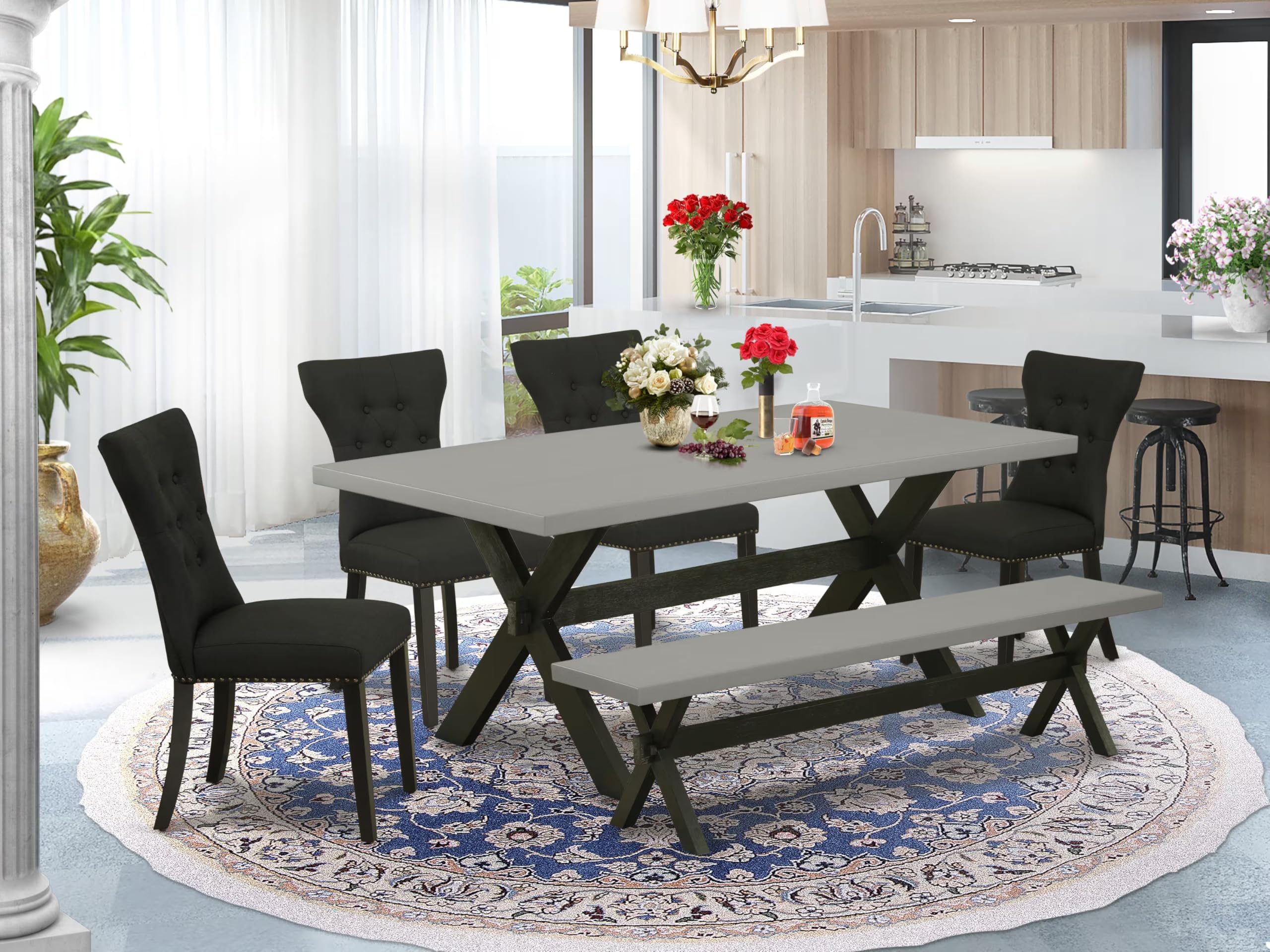 East West Furniture X697Ga124-6 6 Piece Dining Table Set Contains A Rectangle Wooden Table With X-Legs And 4 Black Linen Fabric Upholstered Chairs With A Bench, 40X72 Inch, Multi-Color