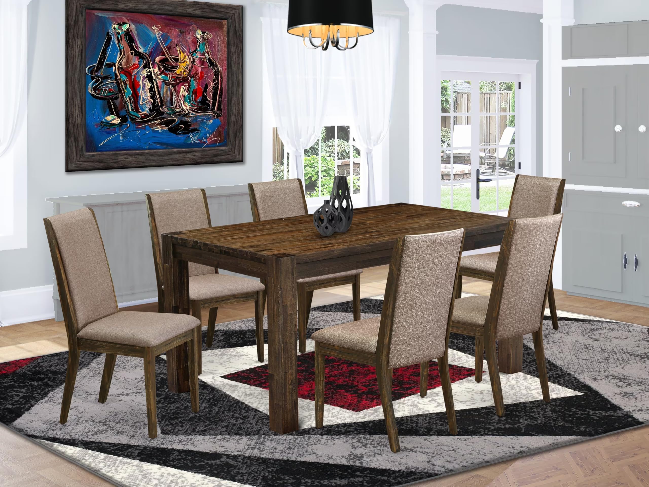 East West Furniture Cnla7-77-16 7 Piece Dining Room Furniture Set Consist Of A Rectangle Rustic Wood Dining Table And 6 Dark Khaki Linen Fabric Parsons Chairs, 36X60 Inch, Jacobean