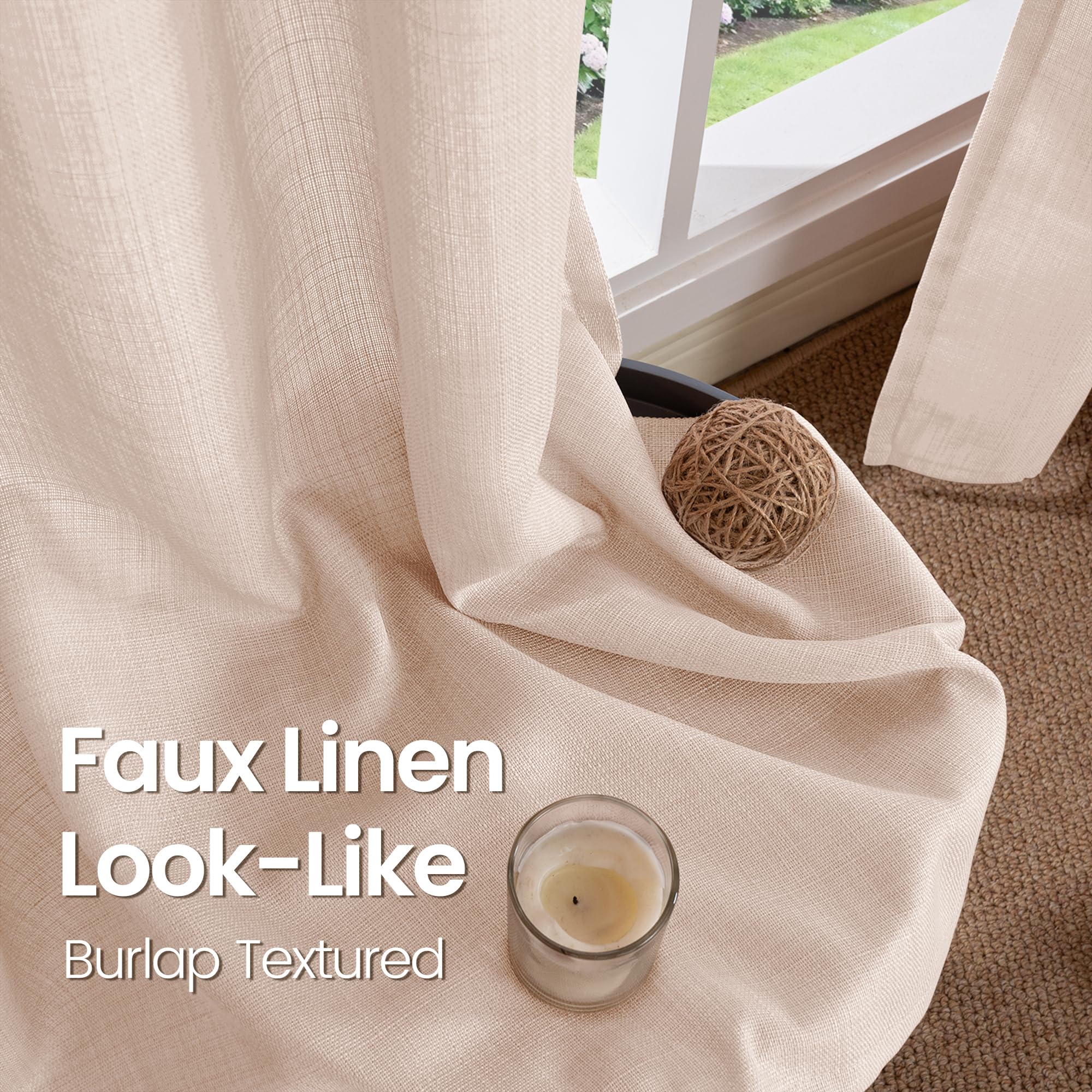 Bgment Faux Linen Curtains 95 Inches Long Set Of 2 Panels, Living Room Long Curtains Burlap Textured Thick Light Filtering Privacy Grommet Window Treatments, 52 X 95 Inch, Light Peach