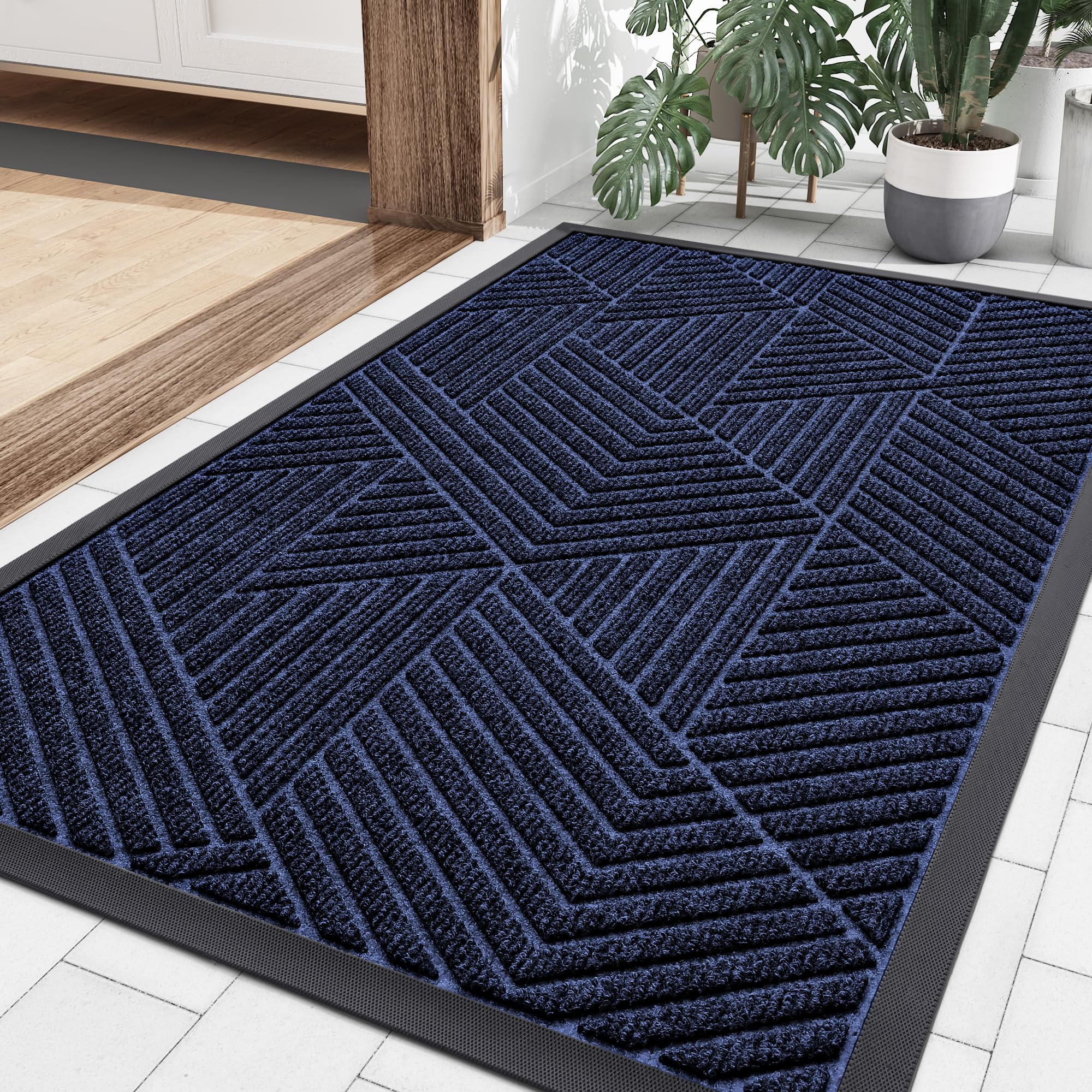 Smiry Front Door Mat Outside Entrance, Heavy Duty Sturdy Natural Rubber Doormat, Trap Dirt And Moisture, Easy Clean Low Profile Welcome Floor Mats For Indoor Outdoor Entry, 29.5X17 Inch, Navy Blue