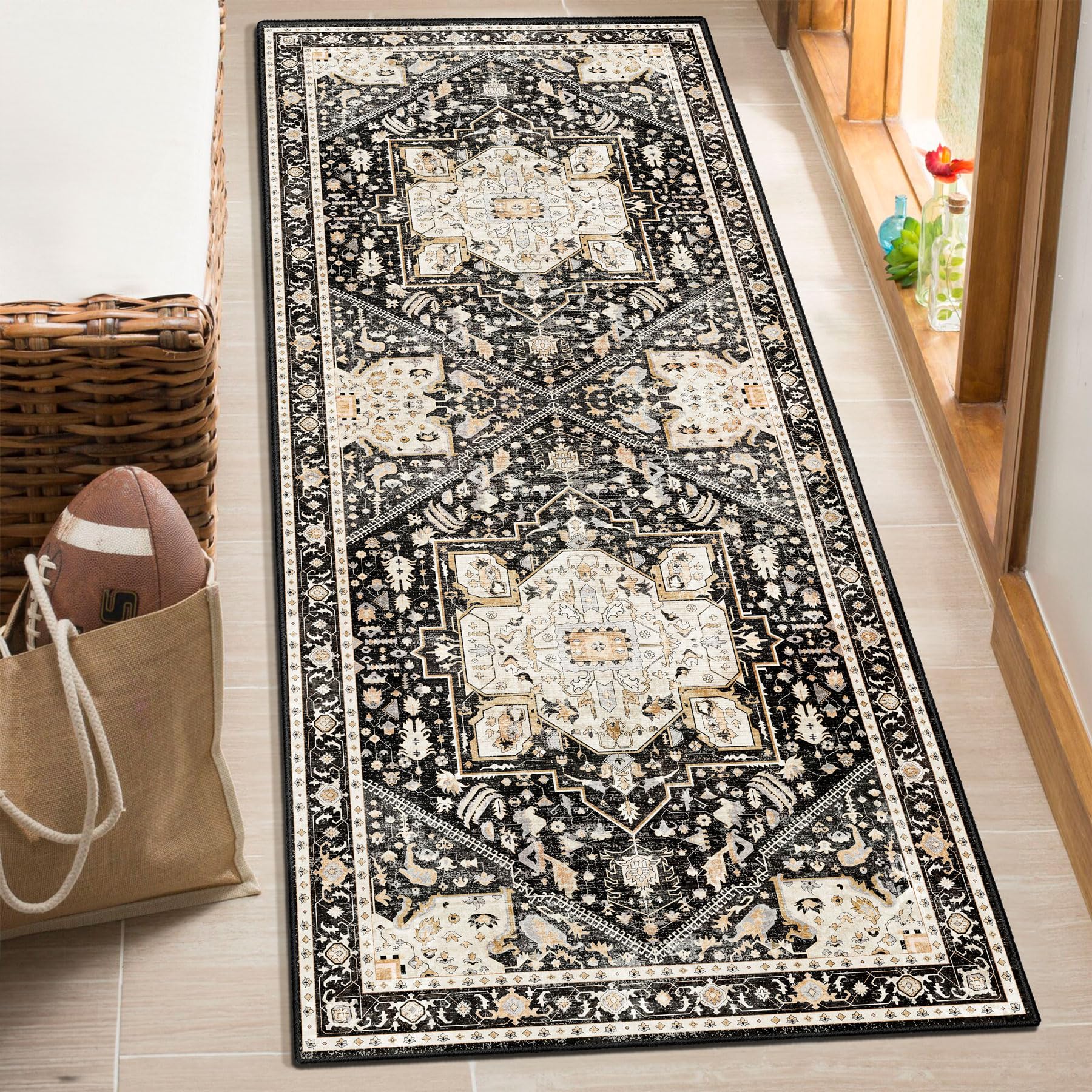MUJOO Washable Runner Rug,Black Boho Area Rugs for Bathroom Hallways Bedroom Kitchen Entryway,Non Slip Carpet Long Mat Indoor,Fl
