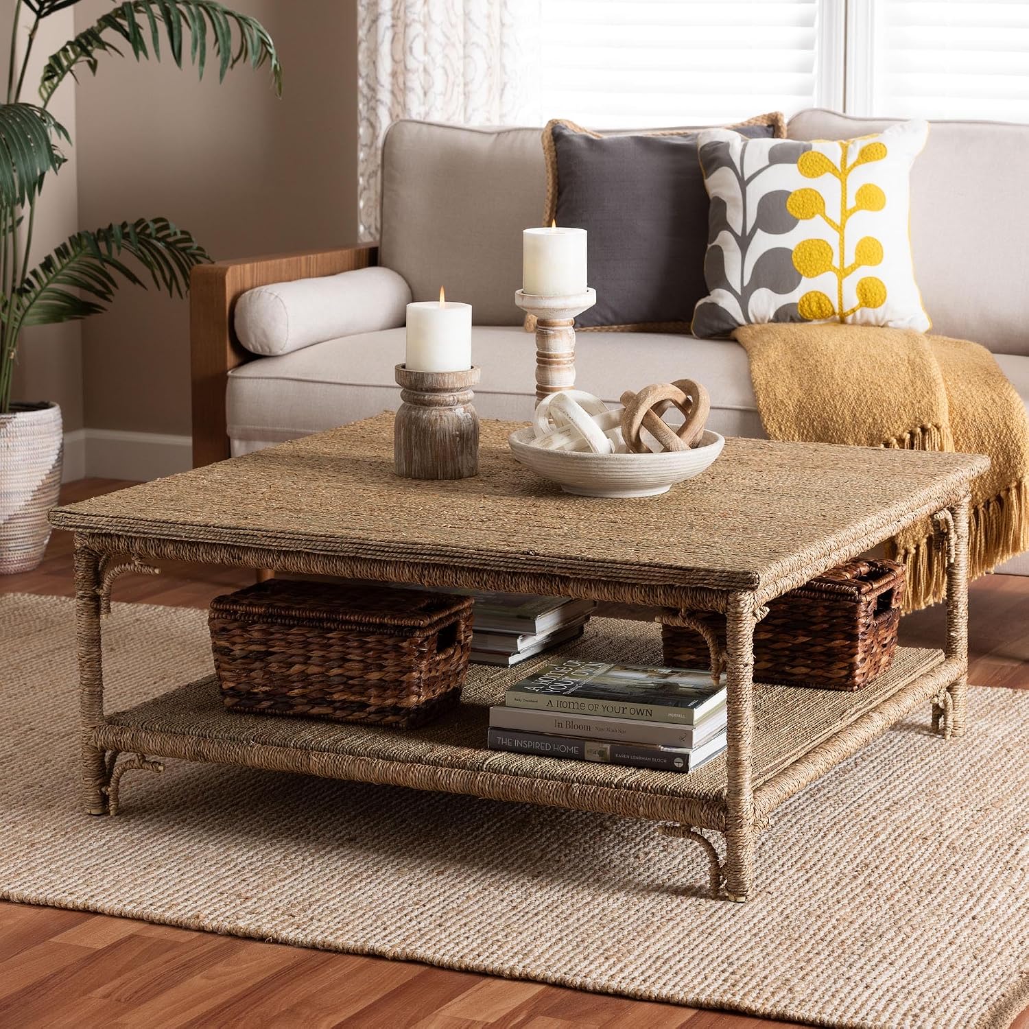 Kalimantan Bohemian Light Honey Rattan And Mahogany Wood Square Coffee Table -Like New