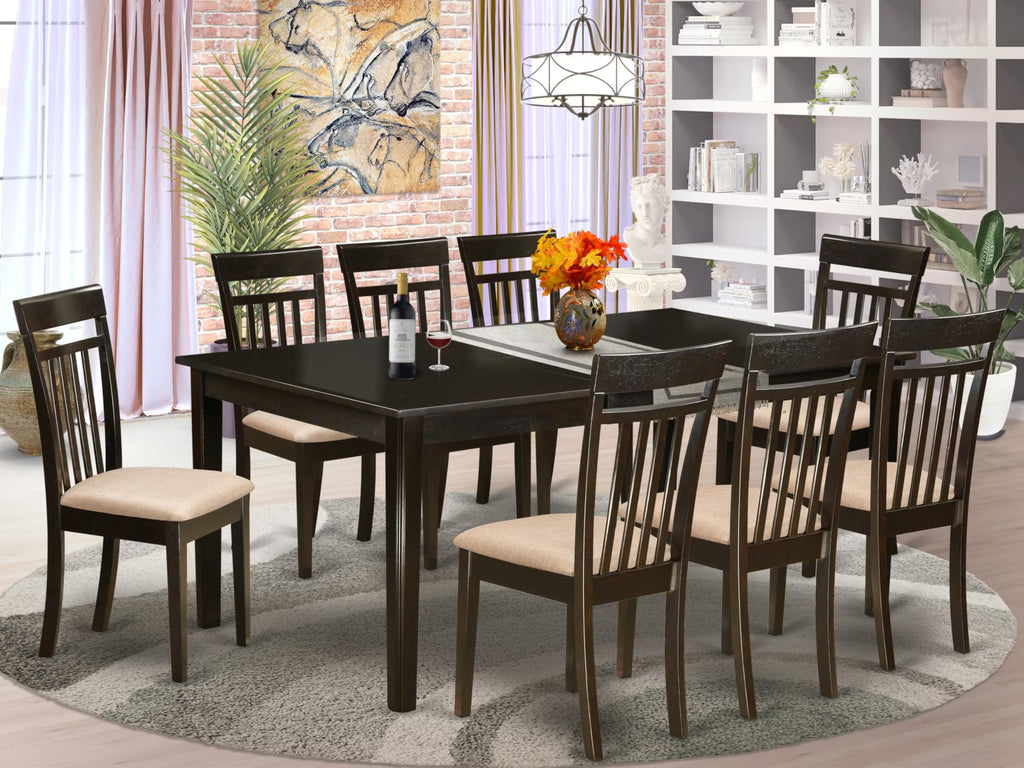 East West Furniture HECA9-CAP-C 9 Piece Dining Set Includes a Rectangle Dining Room Table with Pedestal and 8 Linen Fabric Upholstered Kitchen Chairs, 42x72 Inch, Cappuccino
