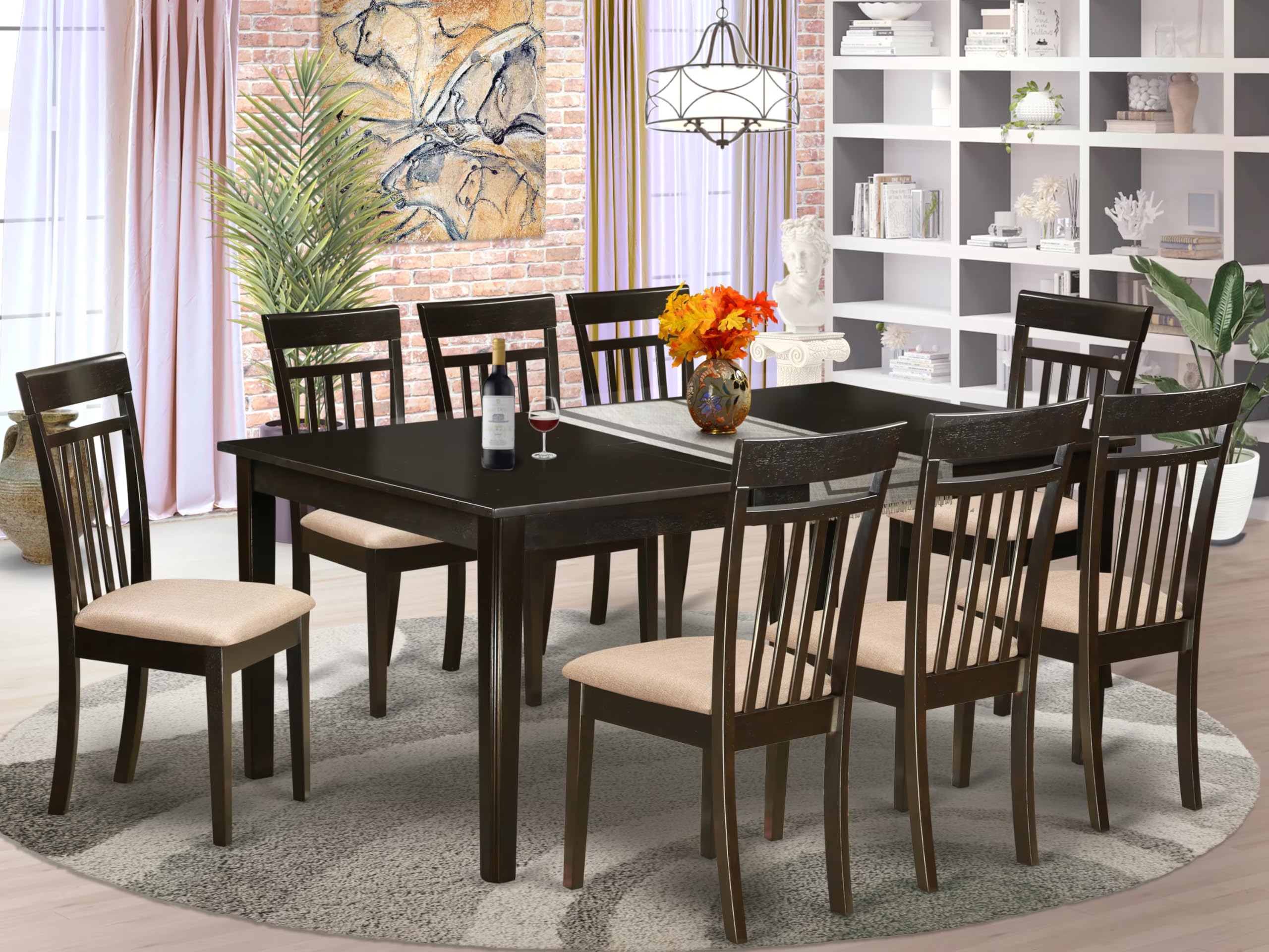 East West Furniture HECA9-CAP-C 9 Piece Dining Set Includes a Rectangle Dining Room Table with Pedestal and 8 Linen Fabric Upholstered Kitchen Chairs, 42x72 Inch, Cappuccino