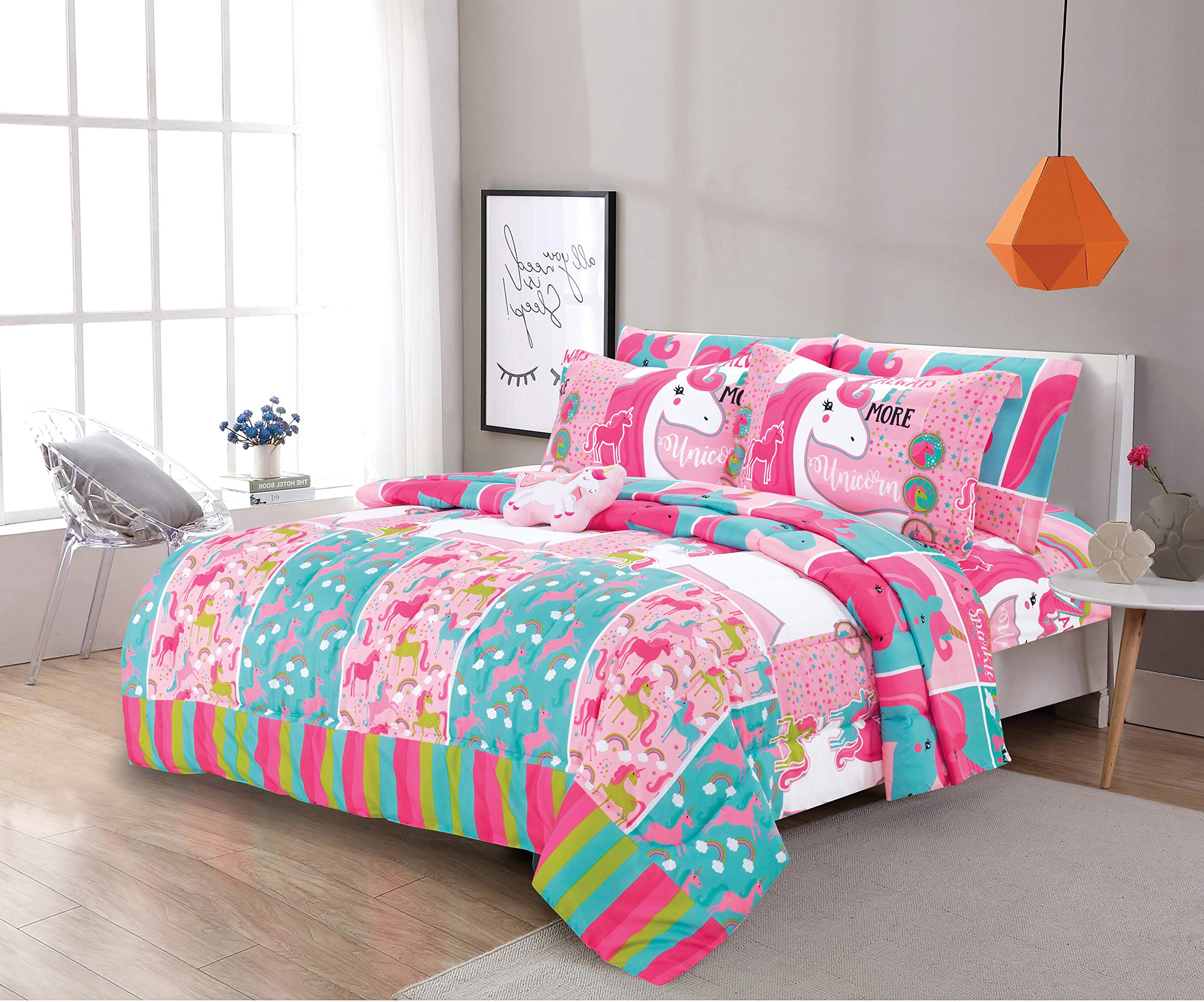 Sapphire Home 3 Piece Unicorn Twin Kids Comforter Set - Kids Bedding - Pillow Sham, Decorative Toy Pillow - Toddler Bed Kit, Uni