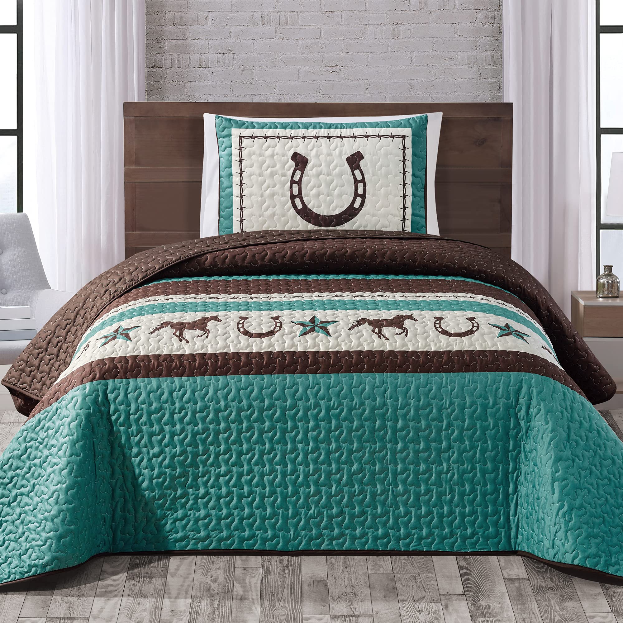 Wpm World Products Mart Western Teal/Beige/Brown Horseshoe, Horse, Barb Wire Cowboy Print Twin Size Bedspread 2 Piece Southweste