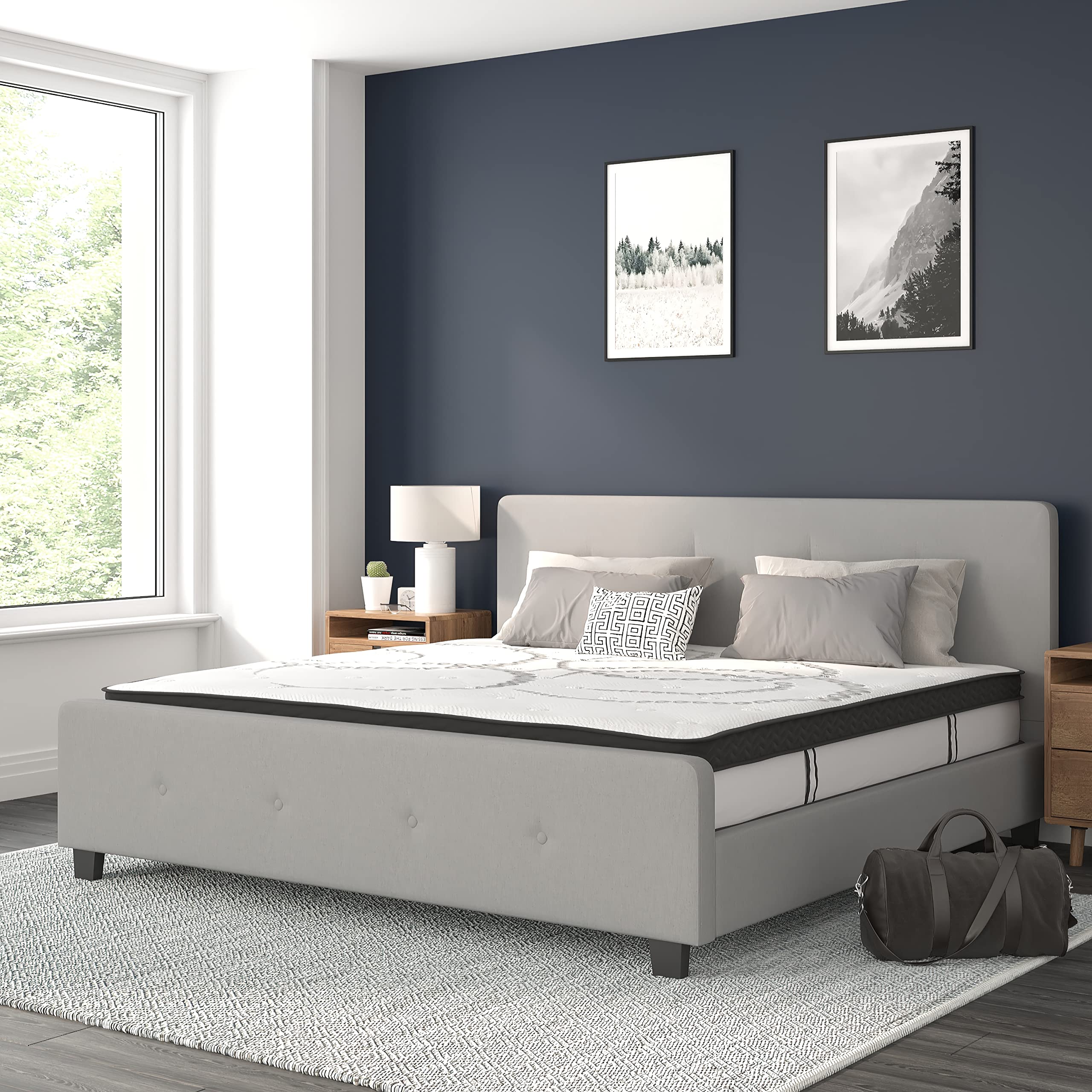 Flash Furniture Tribeca King Size Tufted Upholstered Platform Bed In Light Gray Fabric With 10 Inch Certipur-Us Certified Pocket Spring Mattress