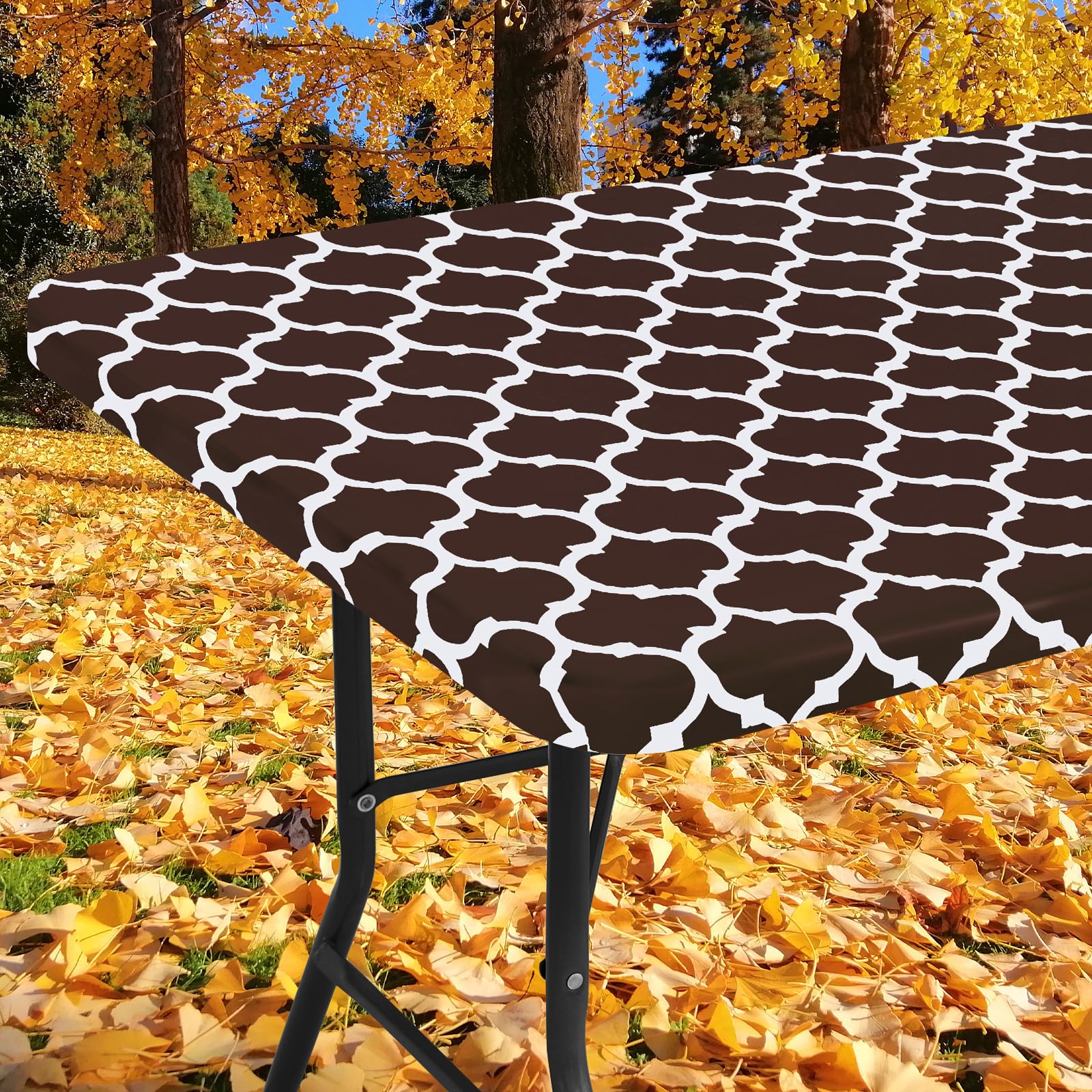 Smiry Rectangle Picnic Table Cover, Waterproof Elastic Fitted Camping Table Covers For 8 Foot Tables, Wipeable Flannel Backed Vinyl Tablecloth Protector For Indoor, Outdoor (Coffee, 30X96 Inches)