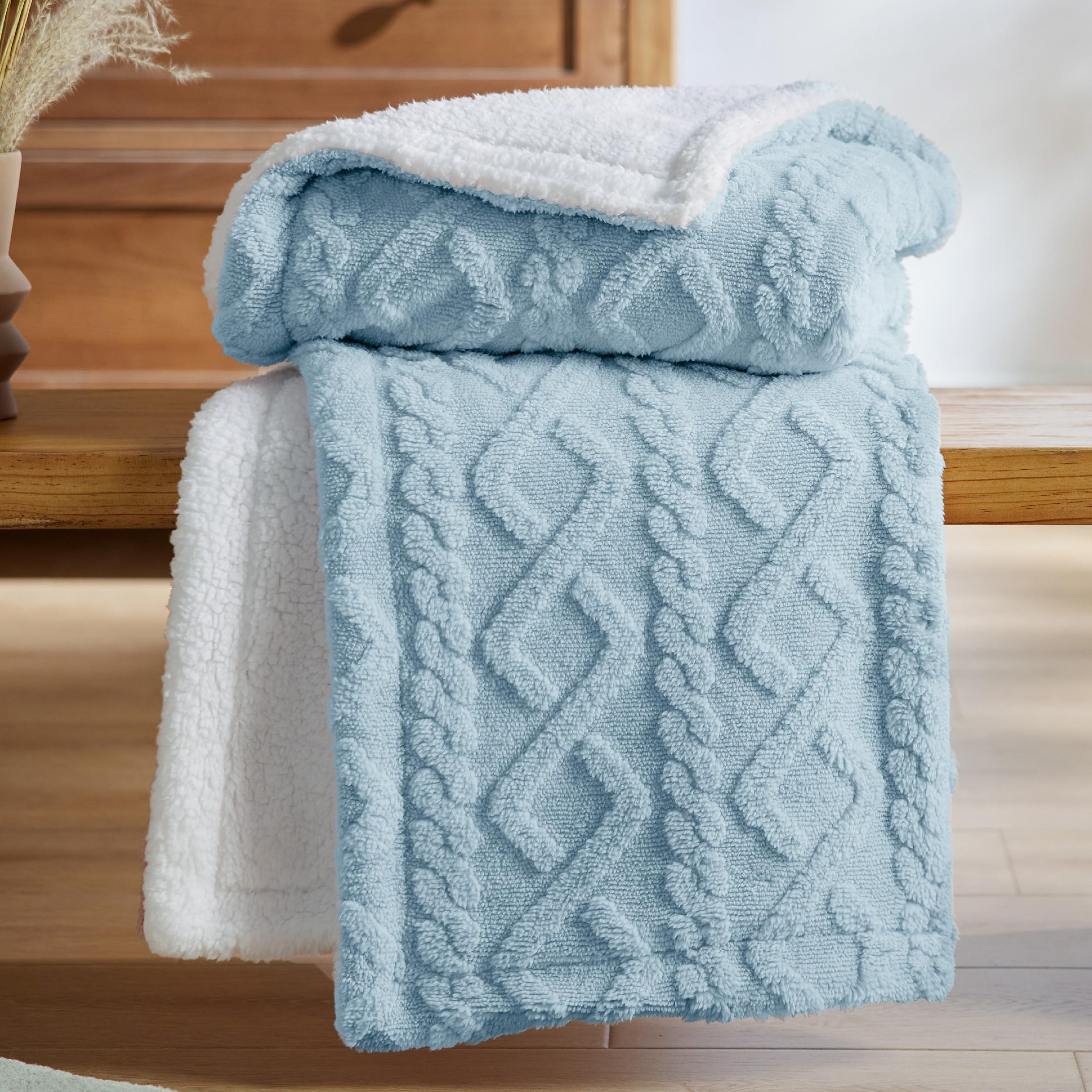 Bedsure Sherpa Throw Blanket For Couch Sofa - Fuzzy Soft Cozy Blanket For Bed, Fleece Thick Warm Blanket For Winter, Blue Fall T