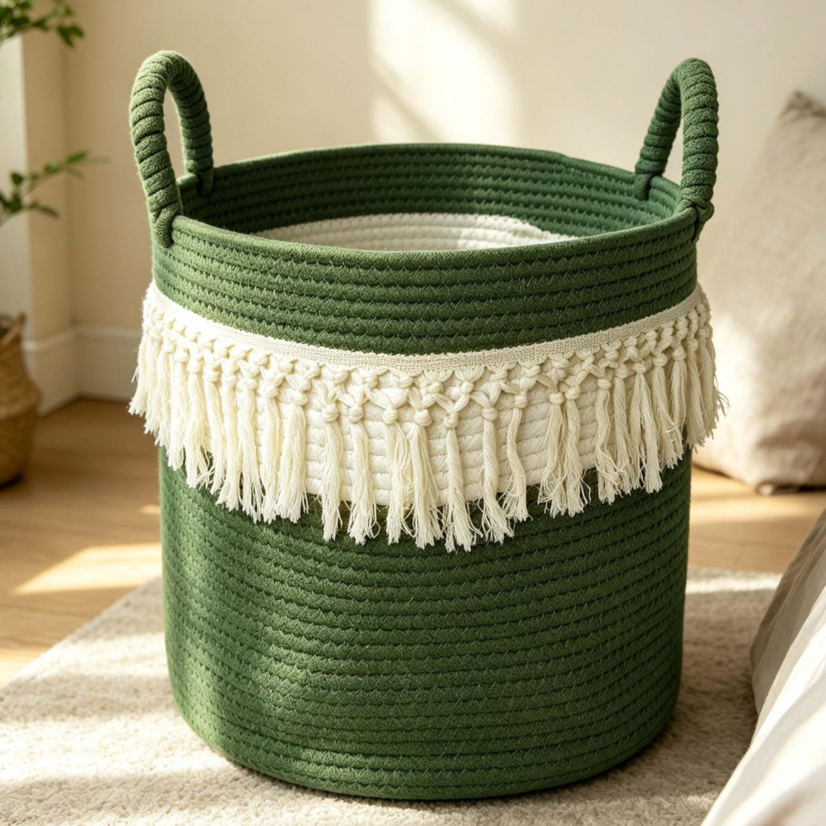 Storage Baskets Cotton Rope Woven Blanket Basket with Handles