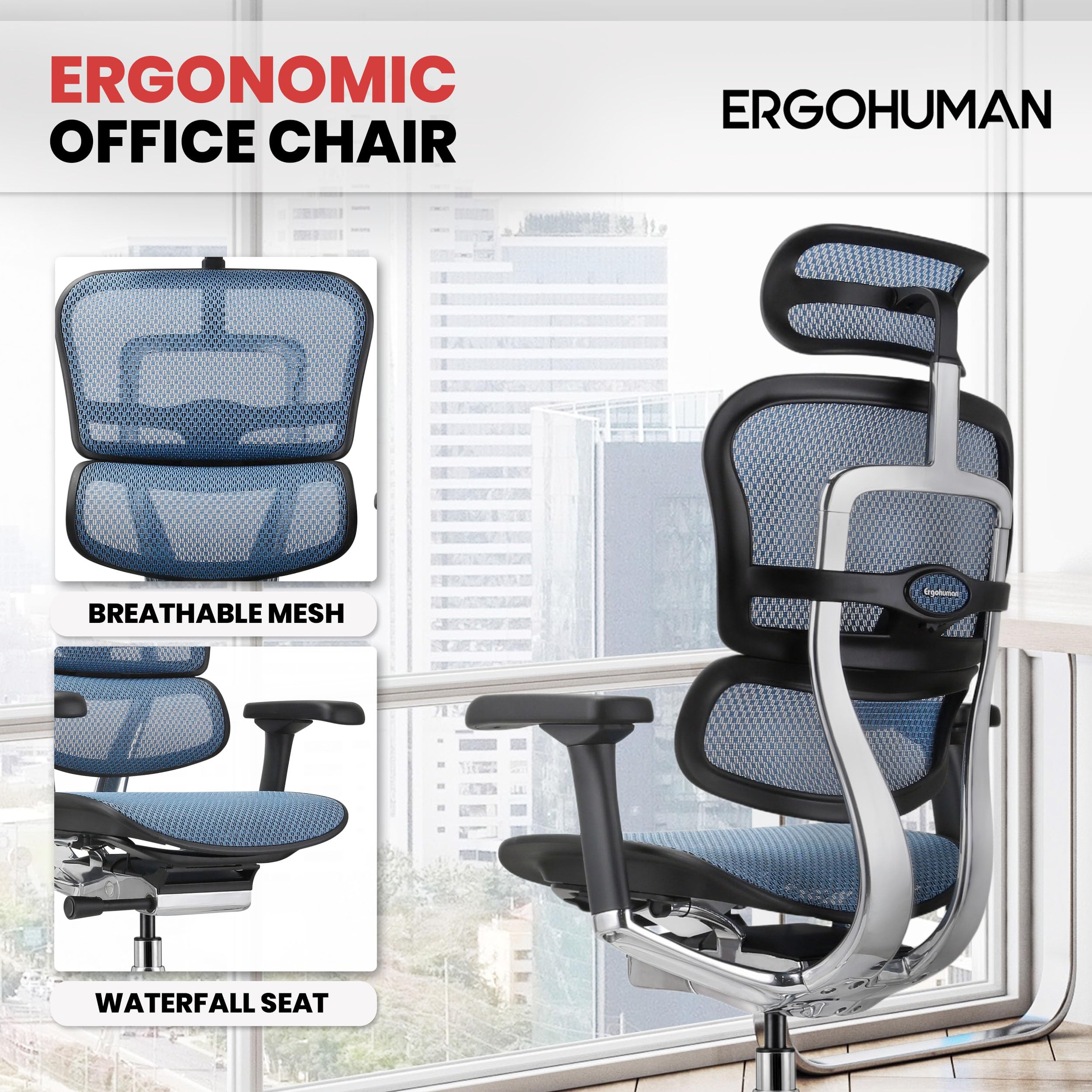 Ergohuman Eurotech Gen2 High Back, Mesh Executive Office Chair With Adjustable Lumbar Support ?Ergonomic Tilt Control, Seat Slider, Armrests And Headrest Adjustment, Blue