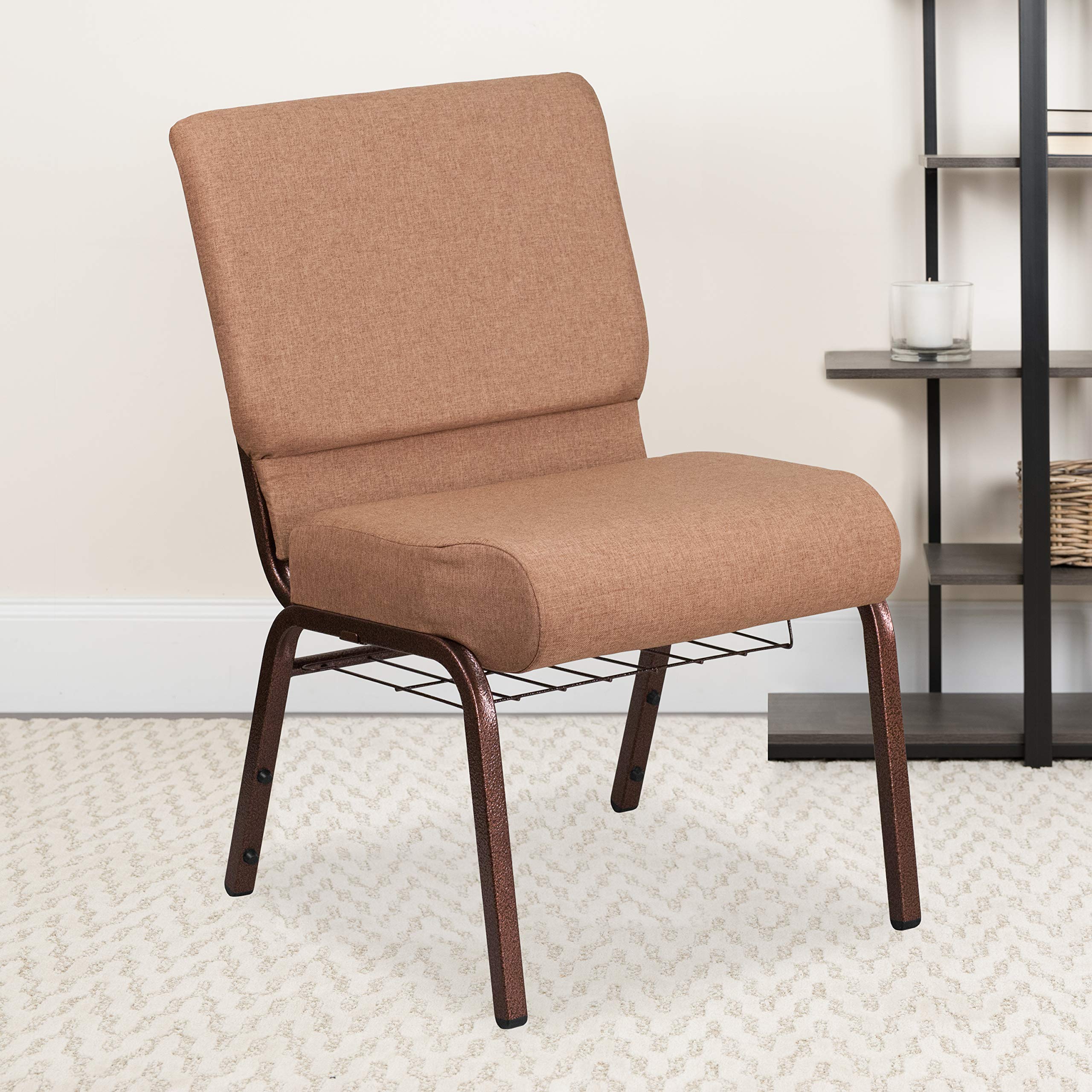 Flash Furniture Hercules Series 21''W Church Chair In Caramel Fabric With Cup Book Rack - Copper Vein Frame