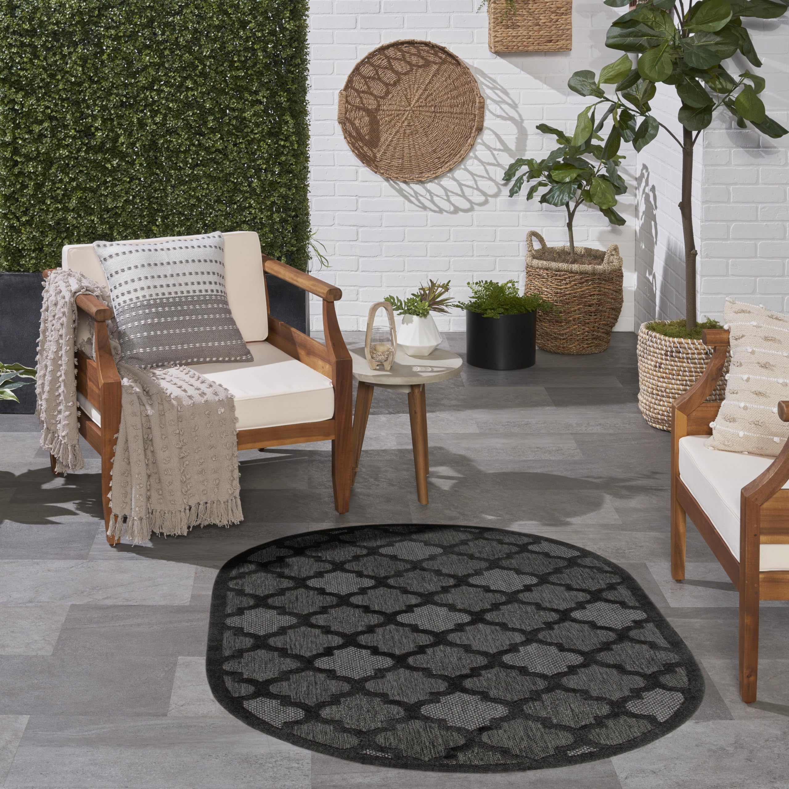 Nourison Easy Care Indoor/Outdoor Charcoal Black 6' X 9' Oval Area Rug, Easy Cleaning, Non Shedding, Bed Room, Living Room, Dining Room, Backyard, Deck, Patio (6X9)