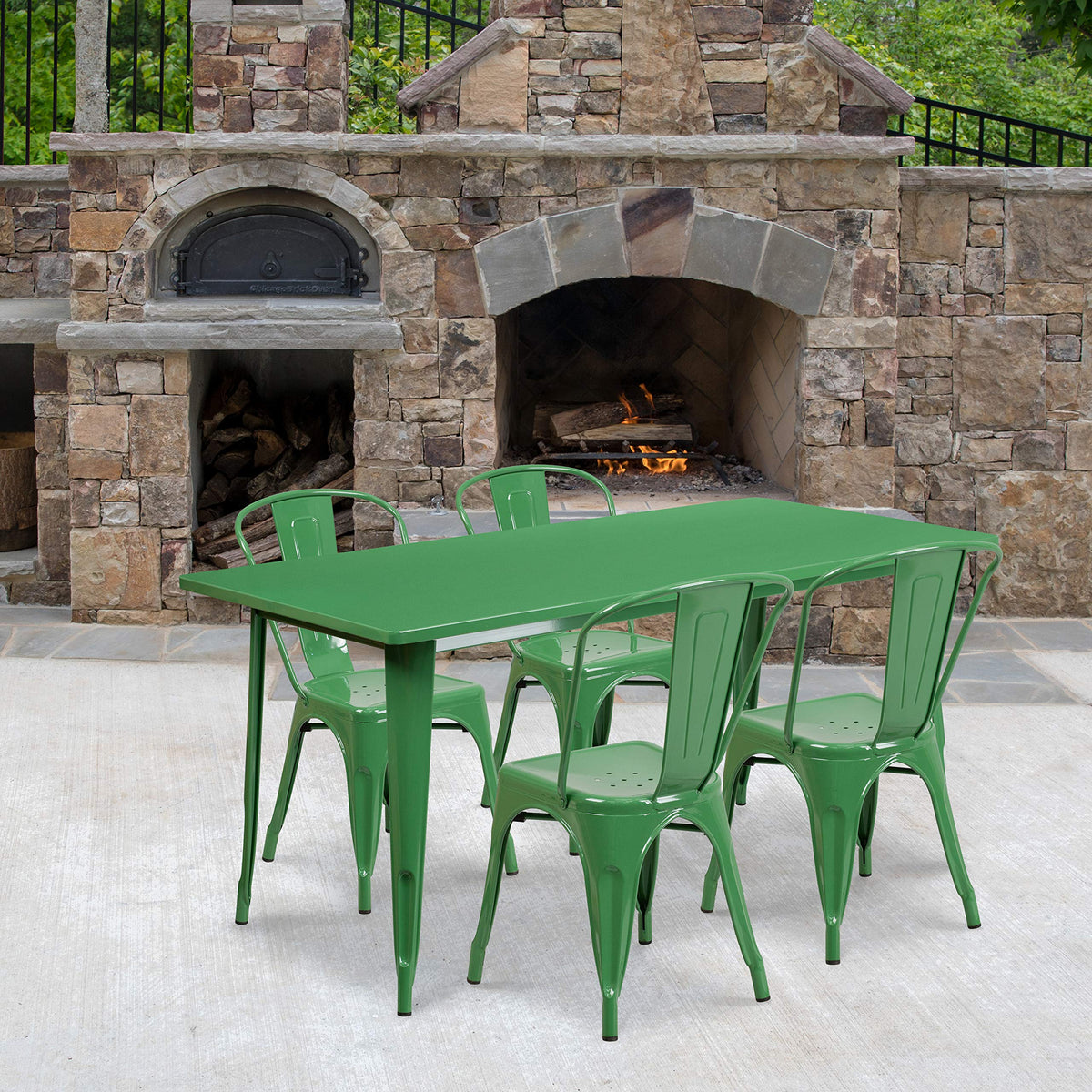 Flash Furniture Commercial Grade 31.5&quot; x 63&quot; Rectangular Green Metal Indoor-Outdoor Table Set with 4 Stack Chairs