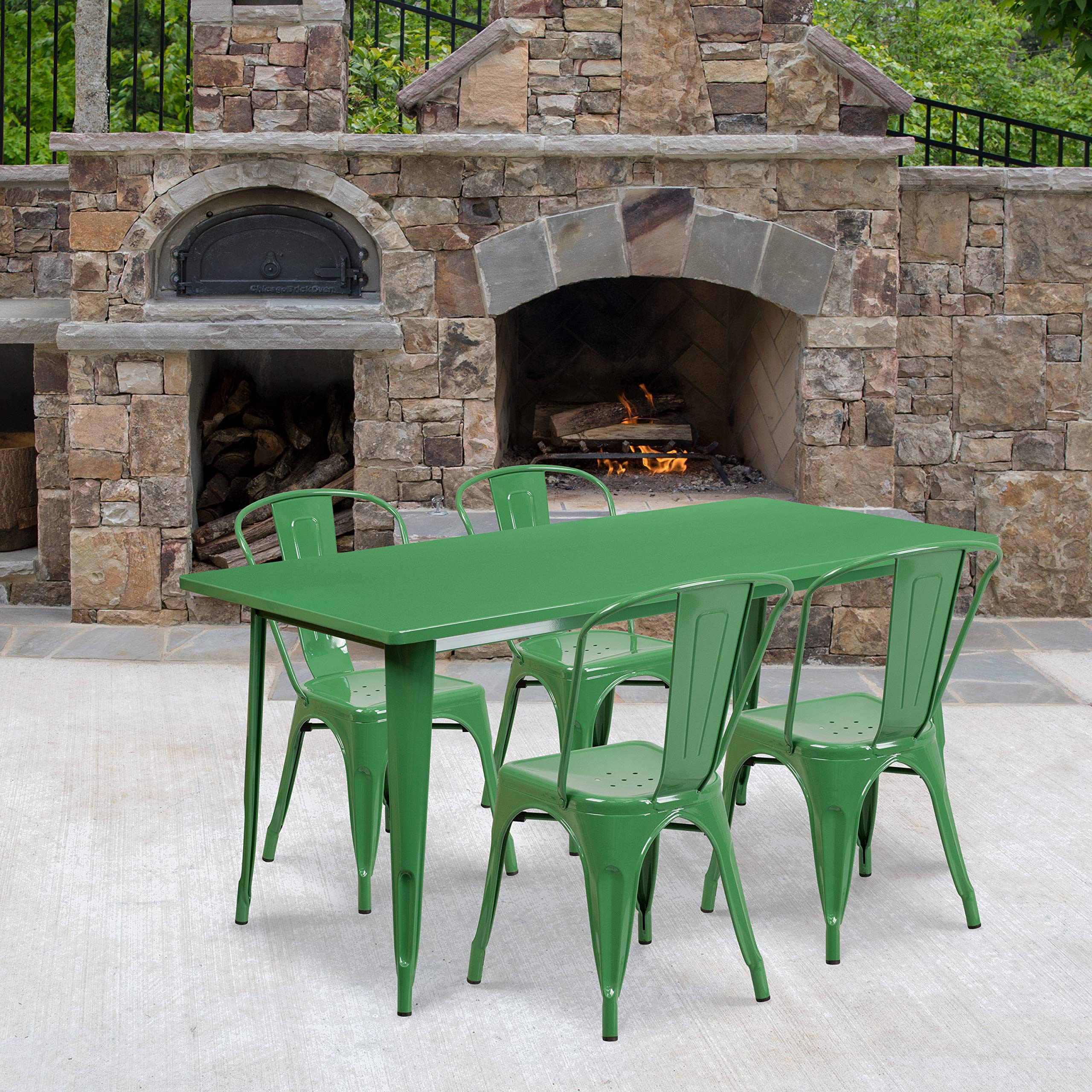 Flash Furniture Commercial Grade 31.5" x 63" Rectangular Green Metal Indoor-Outdoor Table Set with 4 Stack Chairs