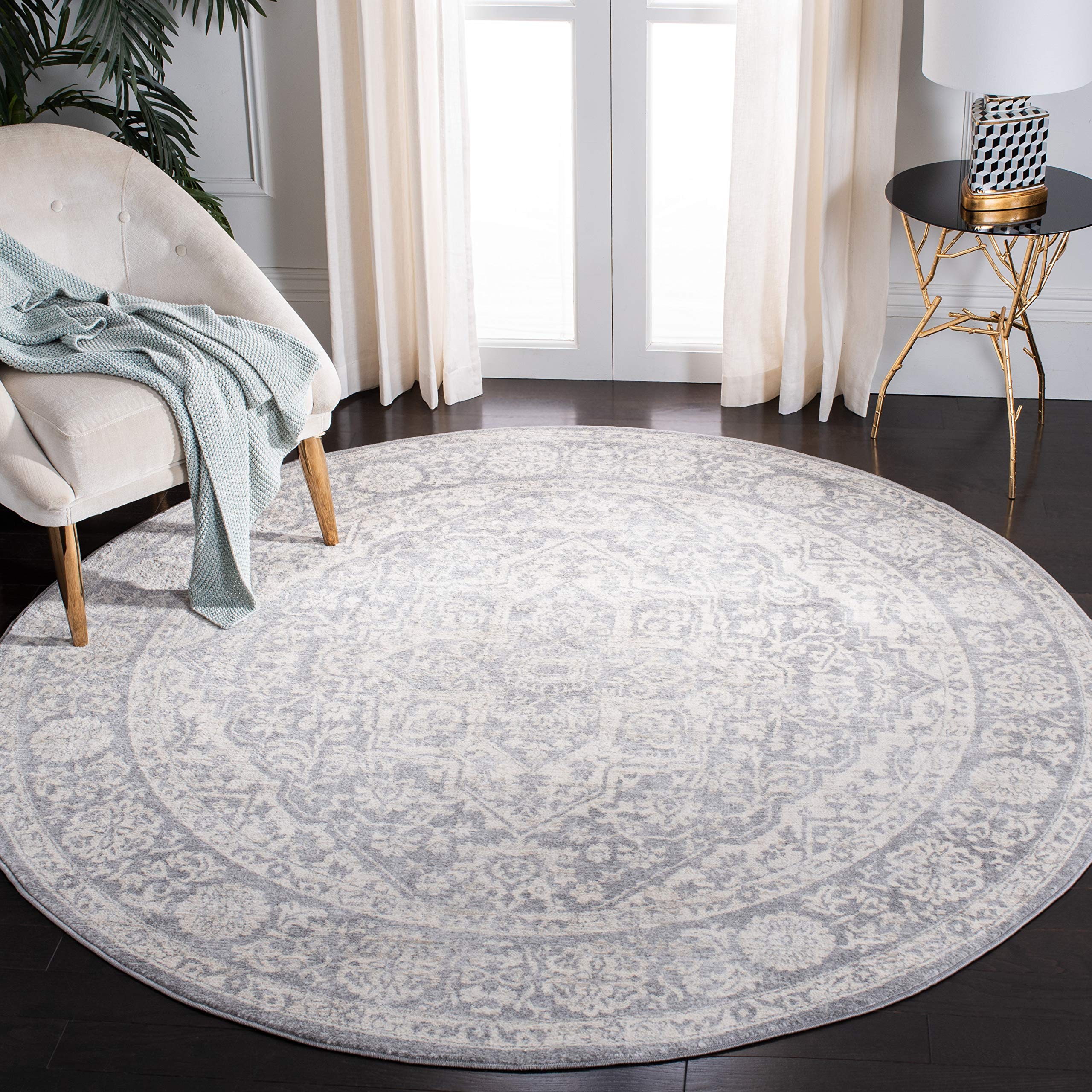 SAFAVIEH Brentwood Collection 67 Round Light Grey/Ivory BNT832F Medallion Distressed Non-Shedding Dining Room Entryway Foyer Li
