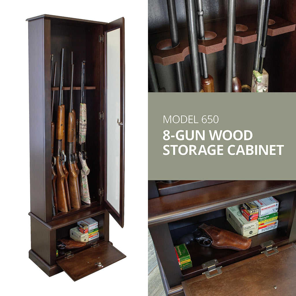 American Furniture Classics Wood Gun Display Cabinet, 8 Gun, Tempered Glass Door, Espresso Brown, Model 650