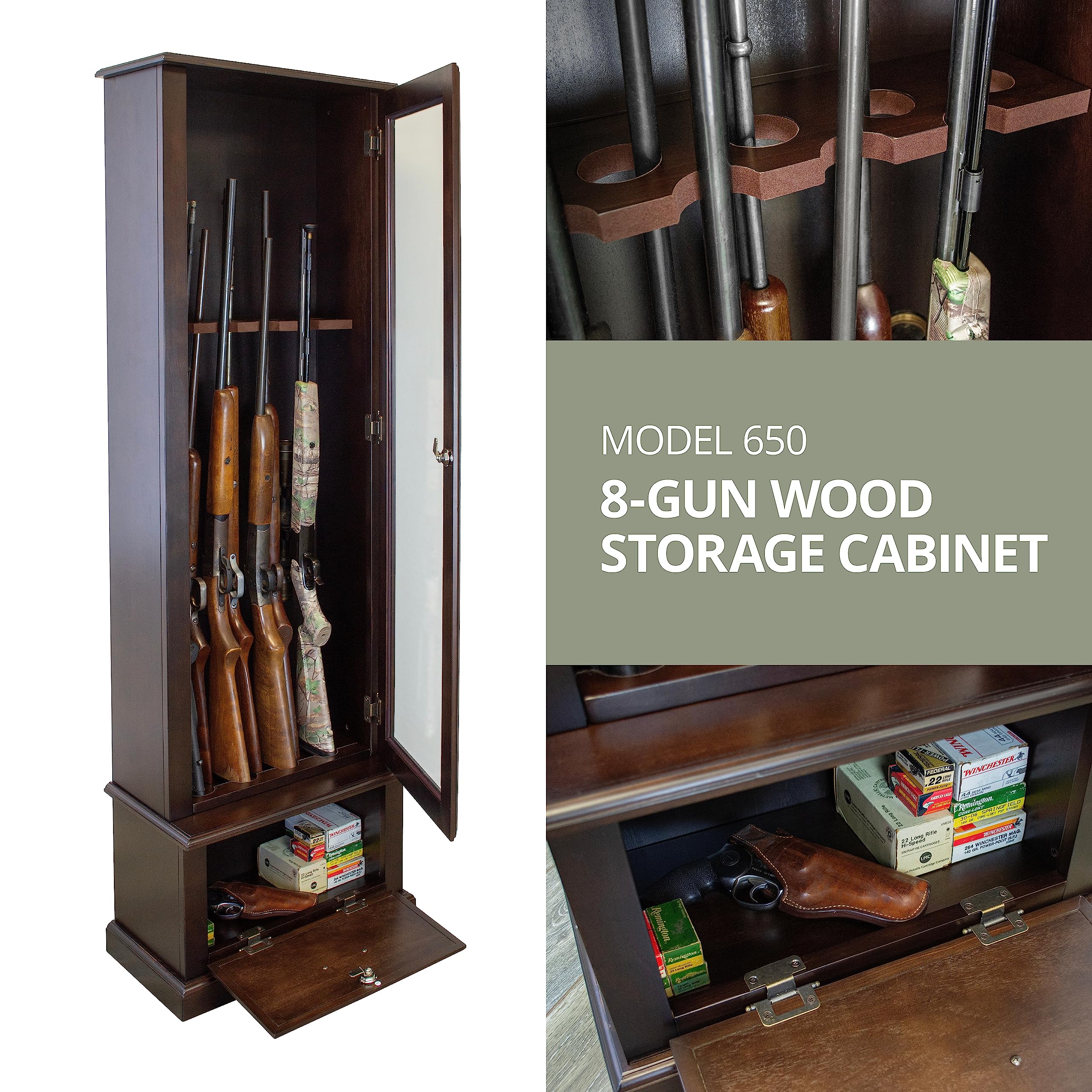 American Furniture Classics 650 Wood Gun Display Cabinet with Tempered Glass Door and Ammo Storage, 8 Gun, Espresso Brown, 1 Cabinet