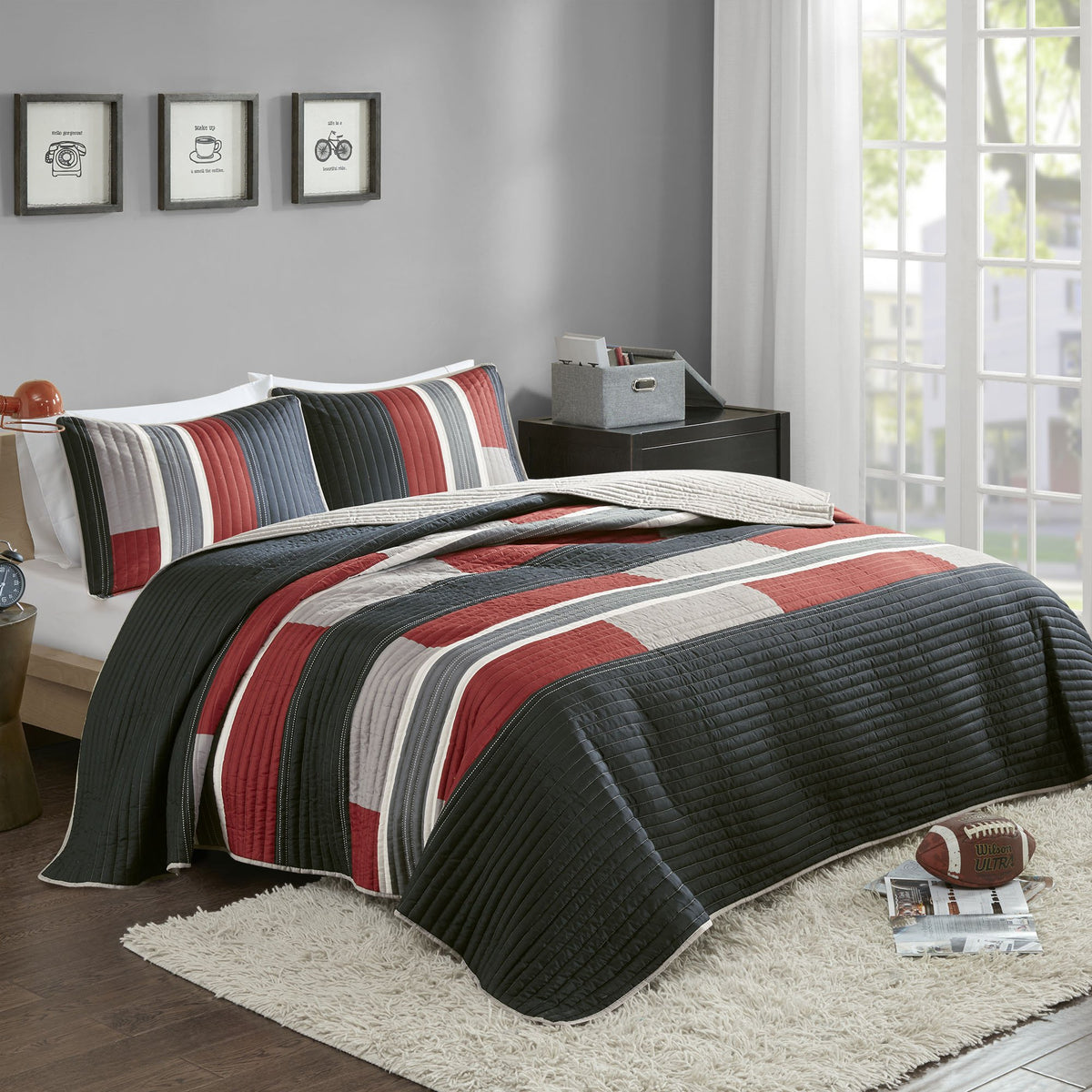 Comfort Spaces Cs14-0864 3 Piece Quilt Coverlet Bedspread All Season Lightweight Hypoallergenic Pipeline Colorblock Kids Bedding