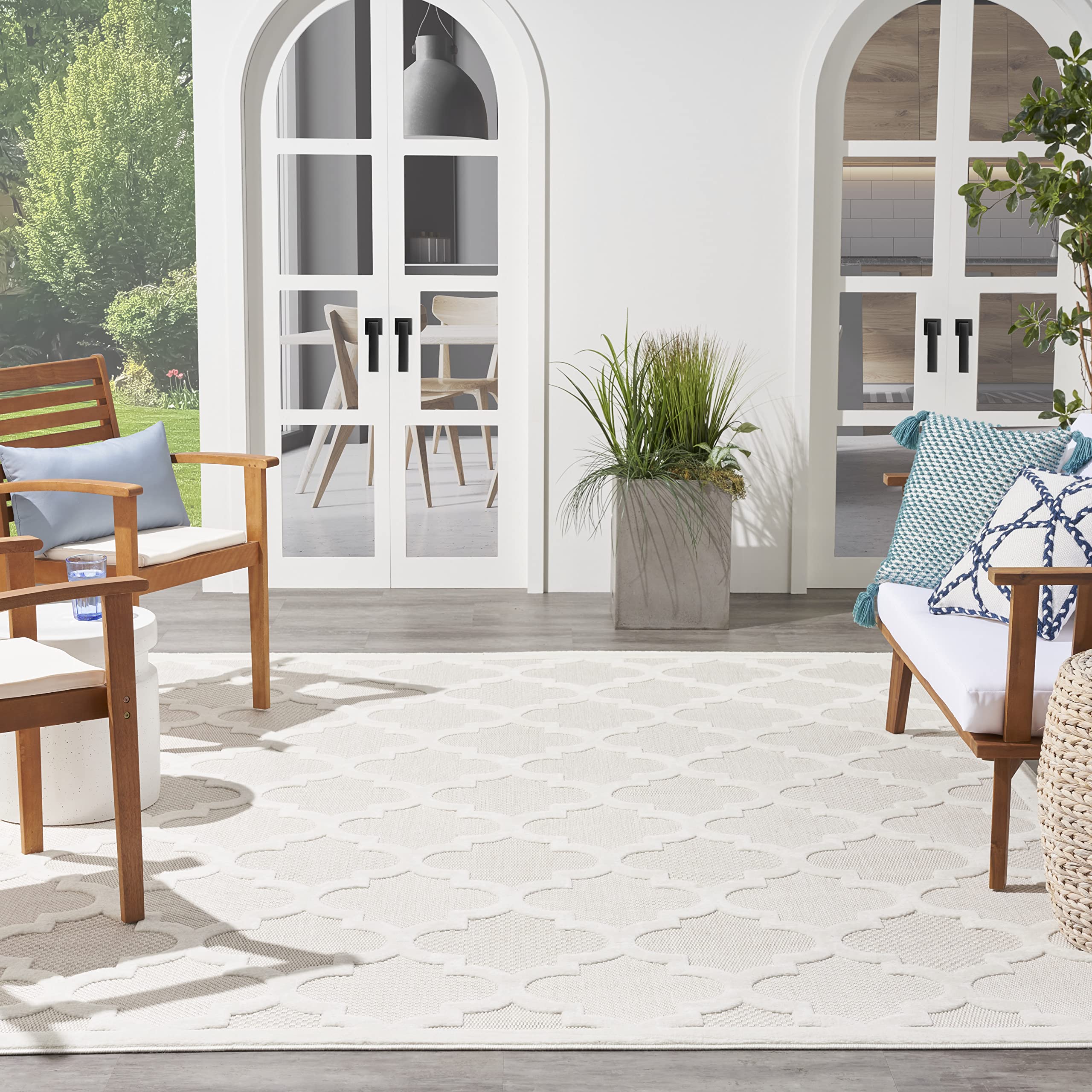 Nourison Easy Care Moroccan Ivory/White 7' X 10' Area Rug, Trellis, Easy Cleaning, Non Shedding, Bed Room, Living Room, Dining R