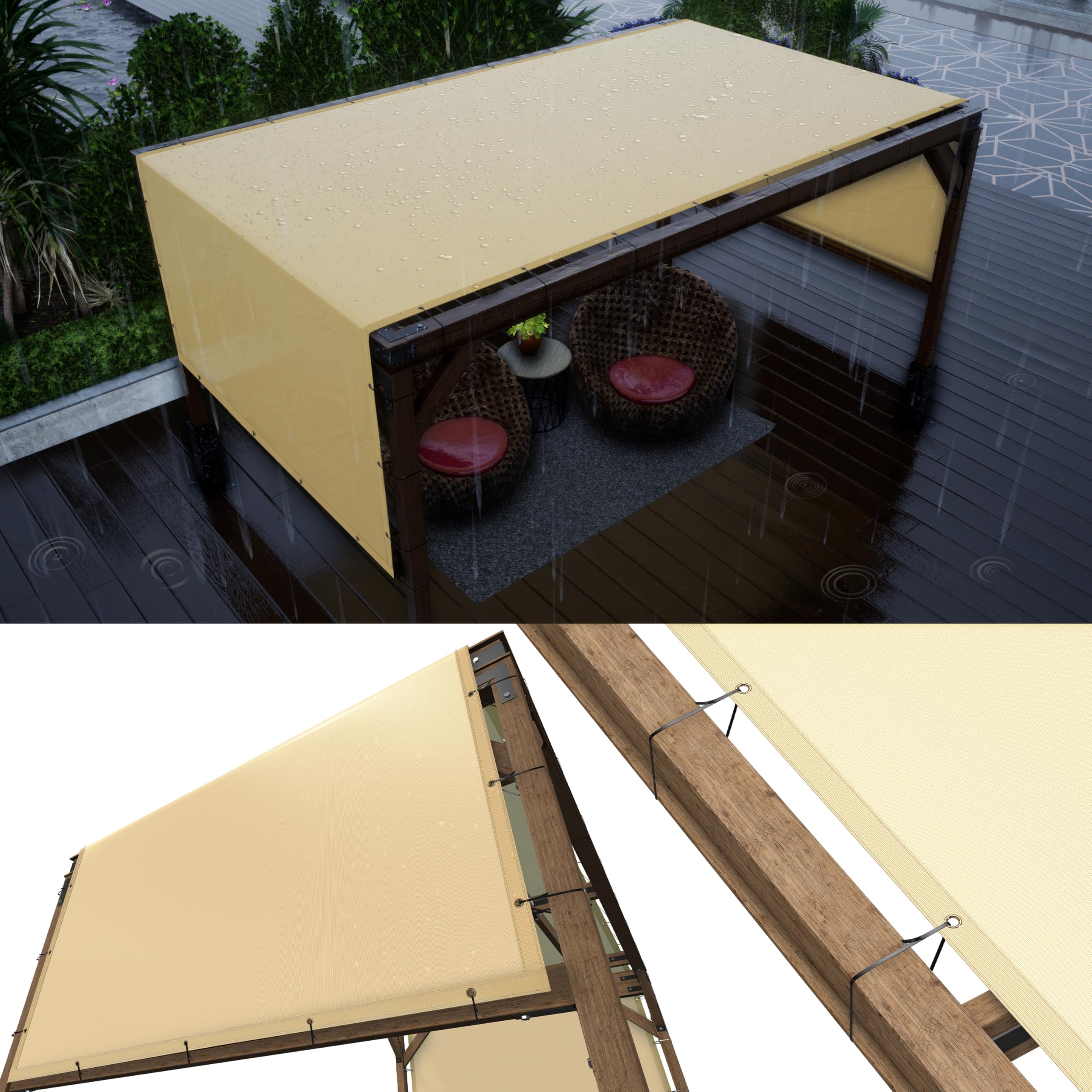 ColourTree 6  x 6  Beige Waterproof Pergola Sun Shade Canopy Replacement Cover UPF50, Commercial Grade 260 GSM Cloth for Outdo