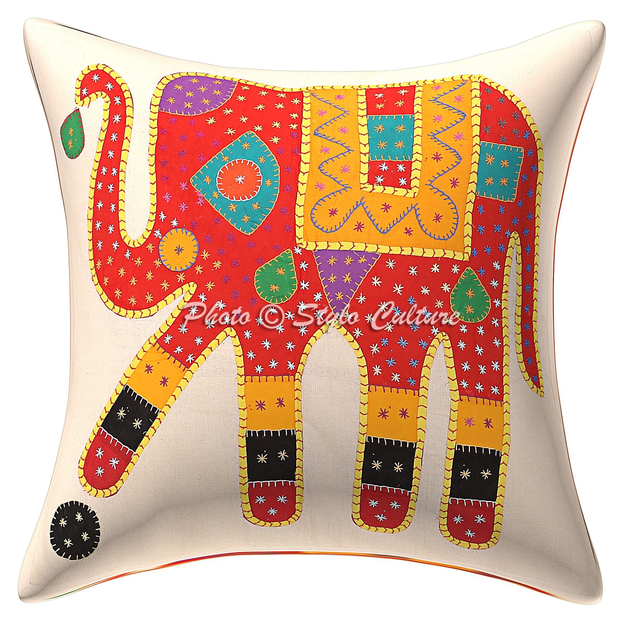 Stylo Culture Rajasthani Elephant Cushion Cover 24X24 Red Applique Patchwork Cotton Square Decorative Cushion Covers Single Piec
