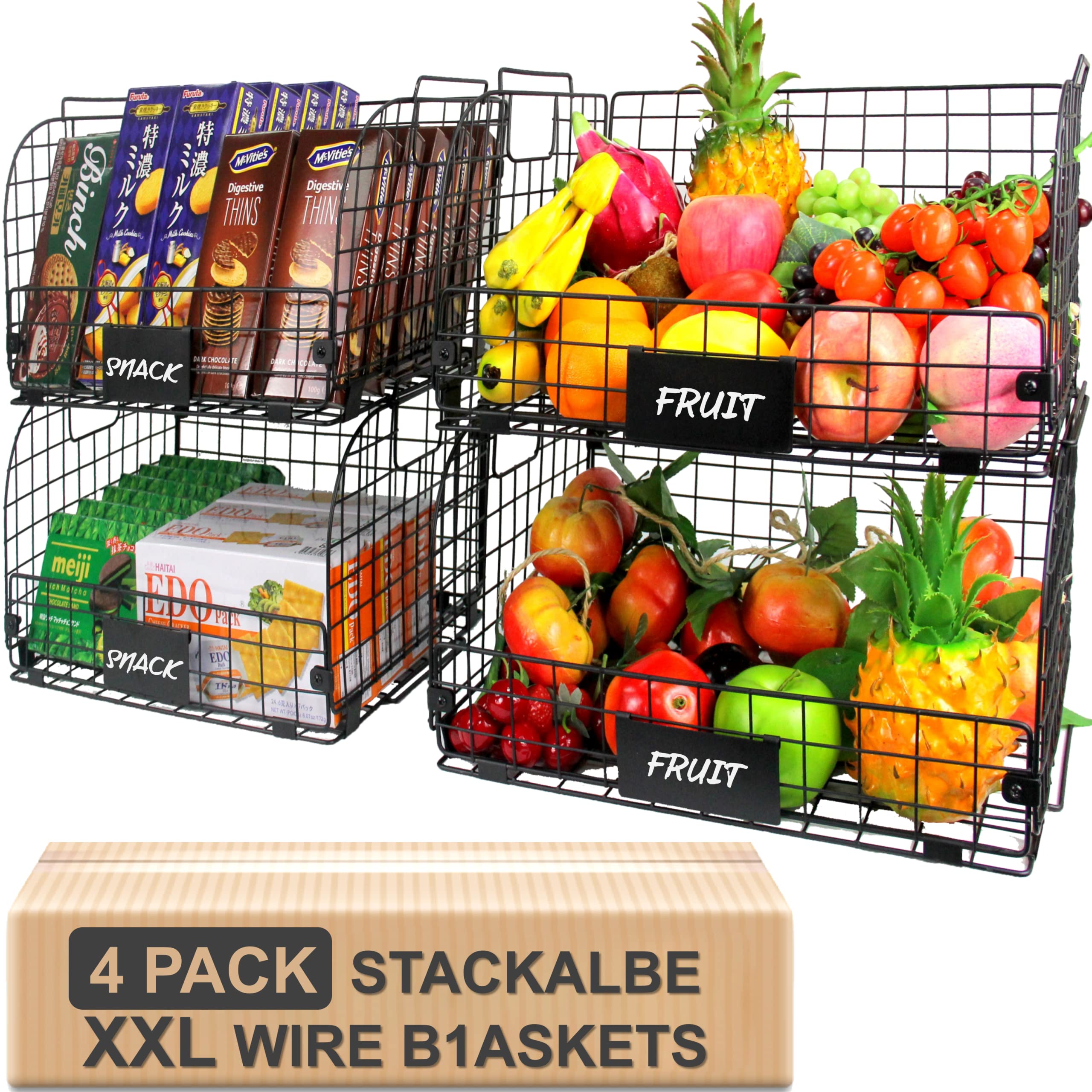 4 PACK XXL Stackable Wire Baskets for Storage Pantry,Fruit Basket For Kitchen Cabinet 16.3''x12''x8.2'' Metal Baskets For Organi