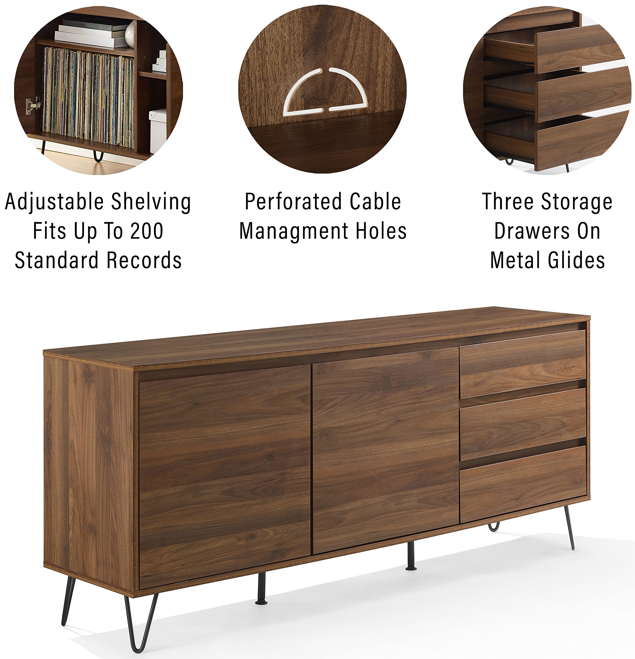 Crosley Furniture Teagan Mid Century Record Storage Sideboard Buffet Cabinet, Brown Oak