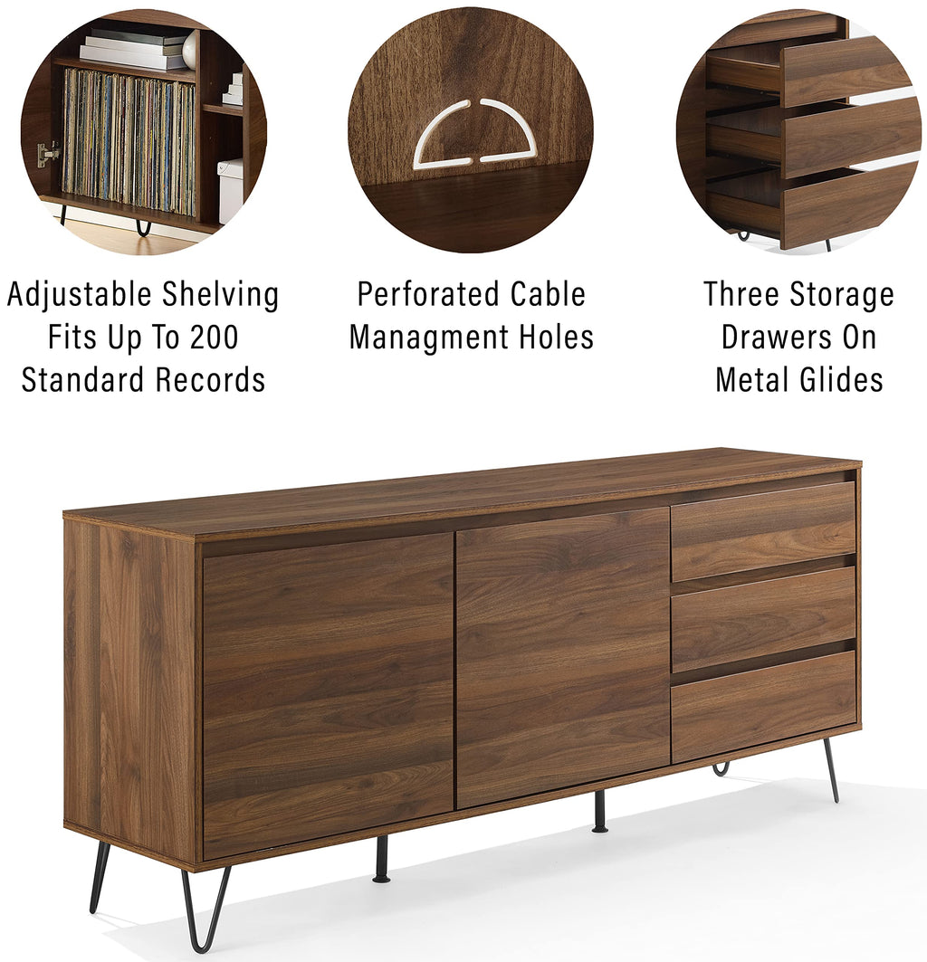 Crosley Furniture Teagan Mid Century Record Storage Sideboard Buffet Cabinet, Brown Oak