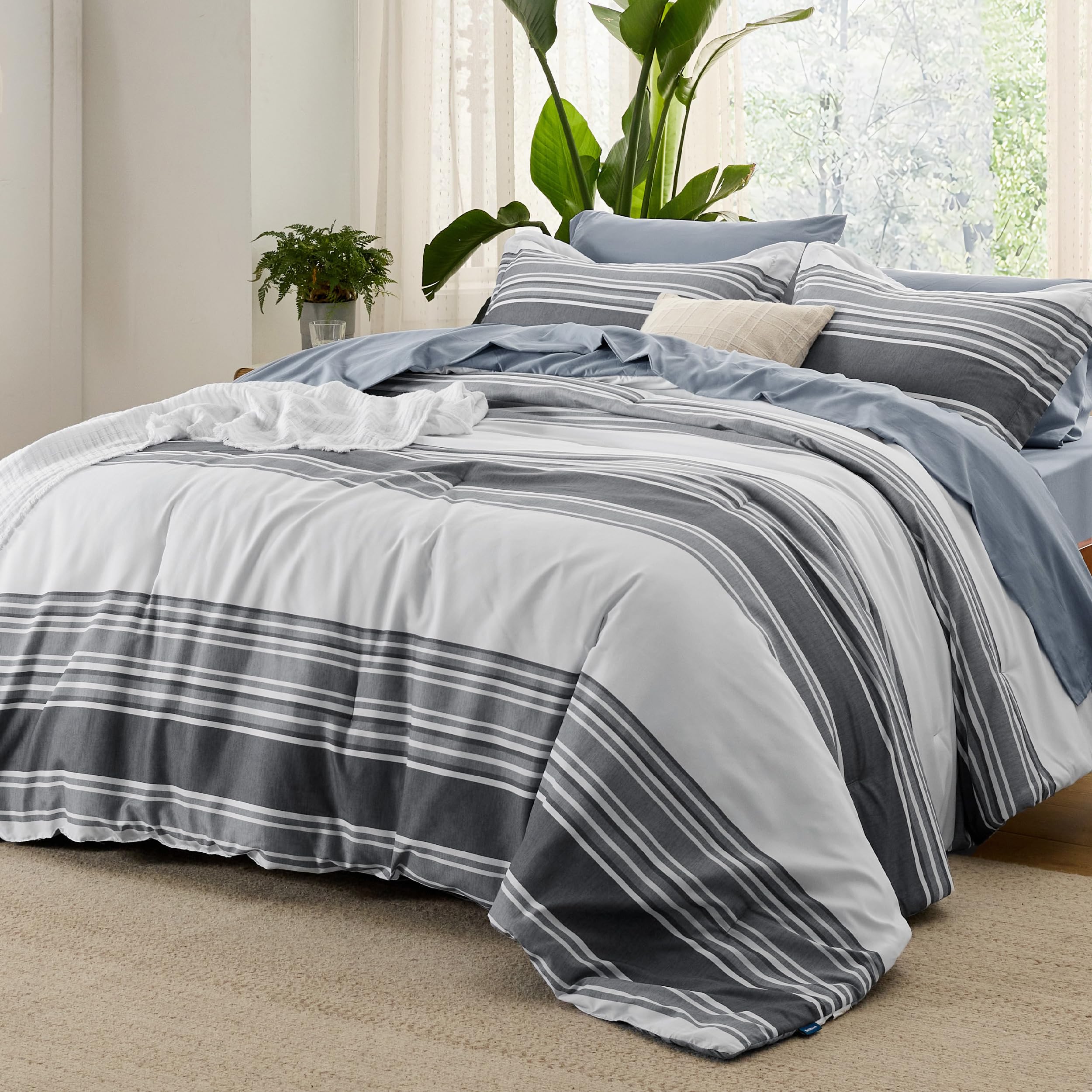 Bedsure King Comforter Set 7 Pieces, Dark Grey Striped Bedding Set For King Size Bed Reversible, Cationic Dyeing Bed In A Bag With Comforter, Sheets, Pillowcases & Shams