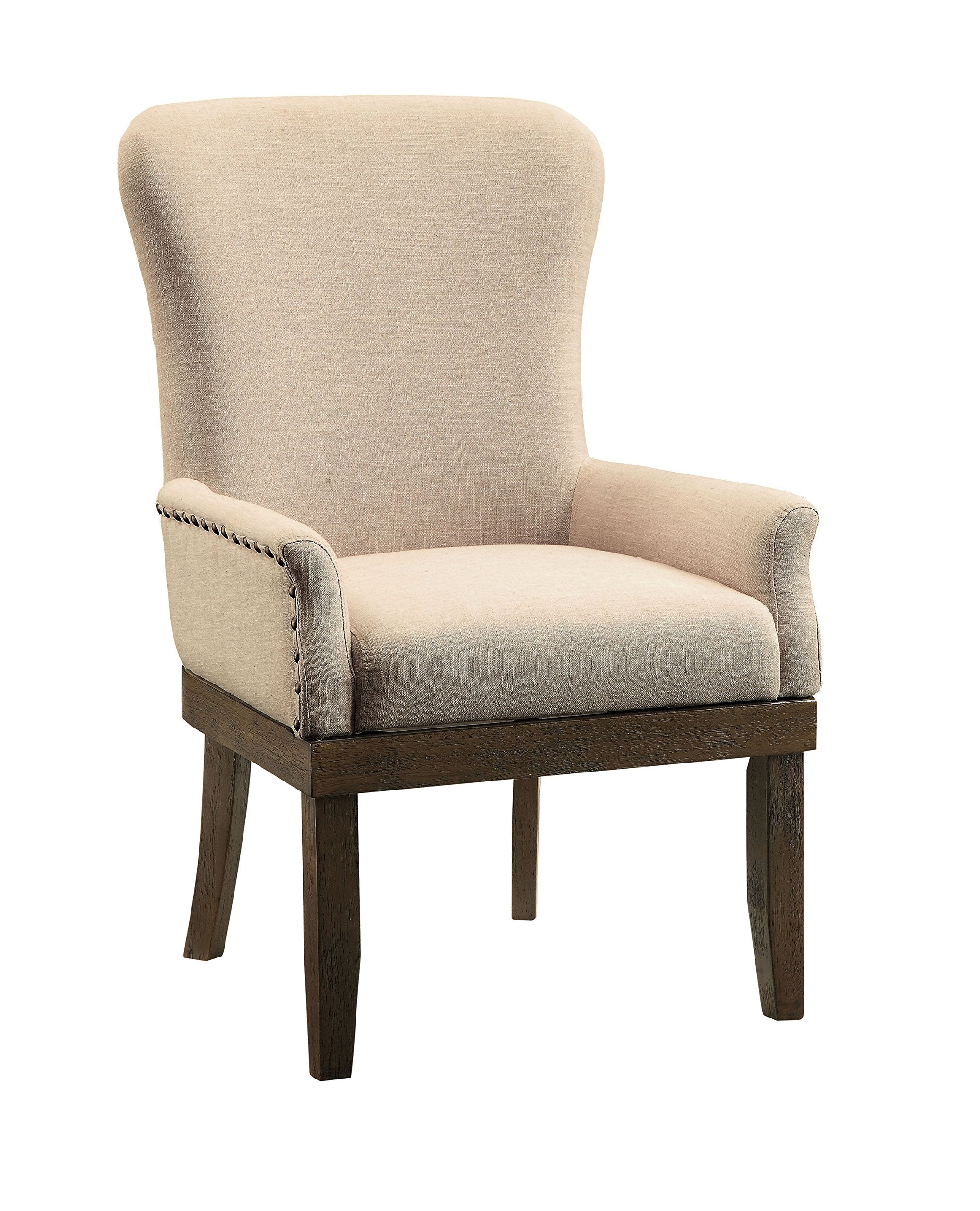 Benjara Wooden Arm Chair with Wing Back and Nailhead Trims, Beige and Brown