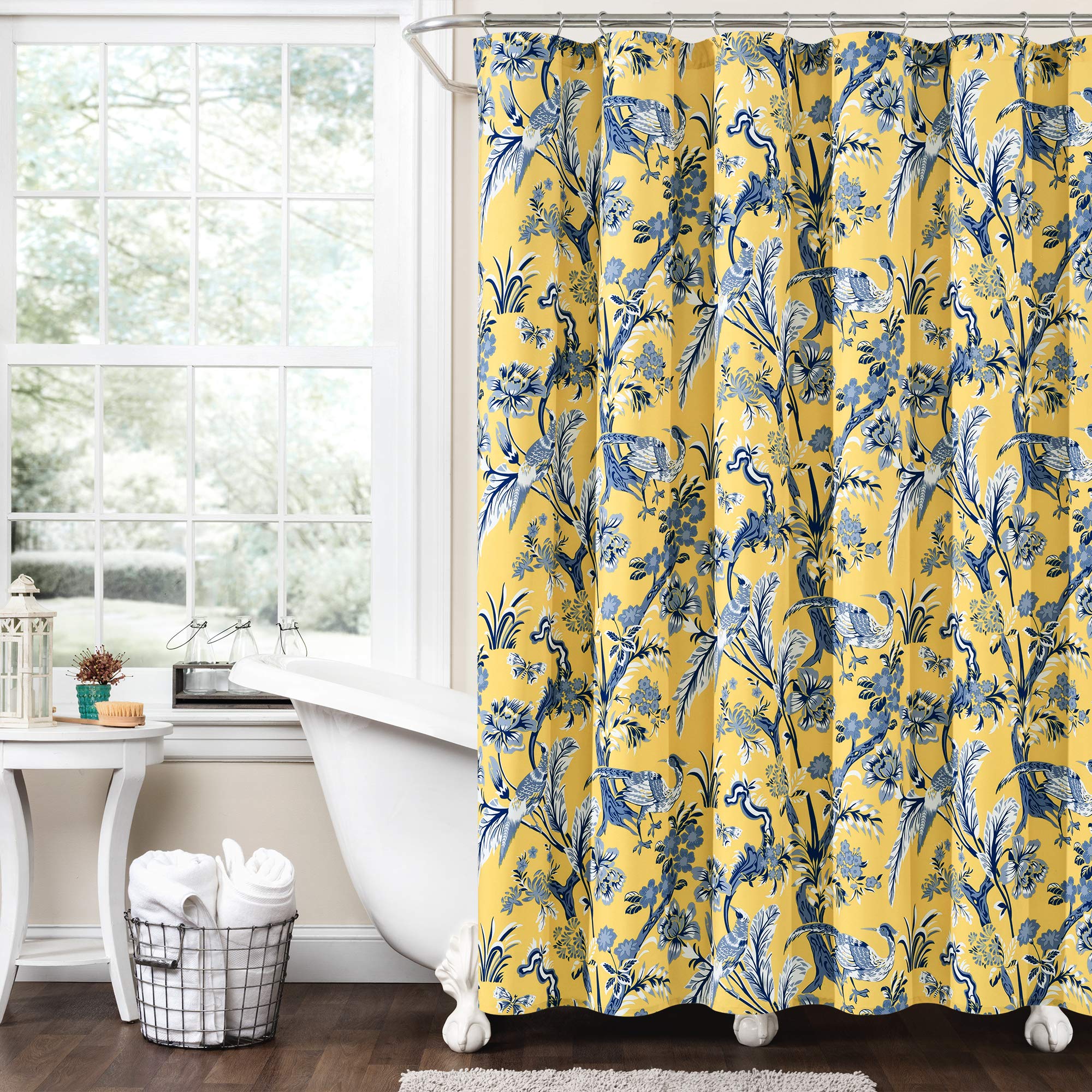 Lush Decor Dolores Shower Curtain,72' W X 72' L, Yellow - Toile Shower Curtain - Bold Blue And Yellow Shower Curtain - Bird &