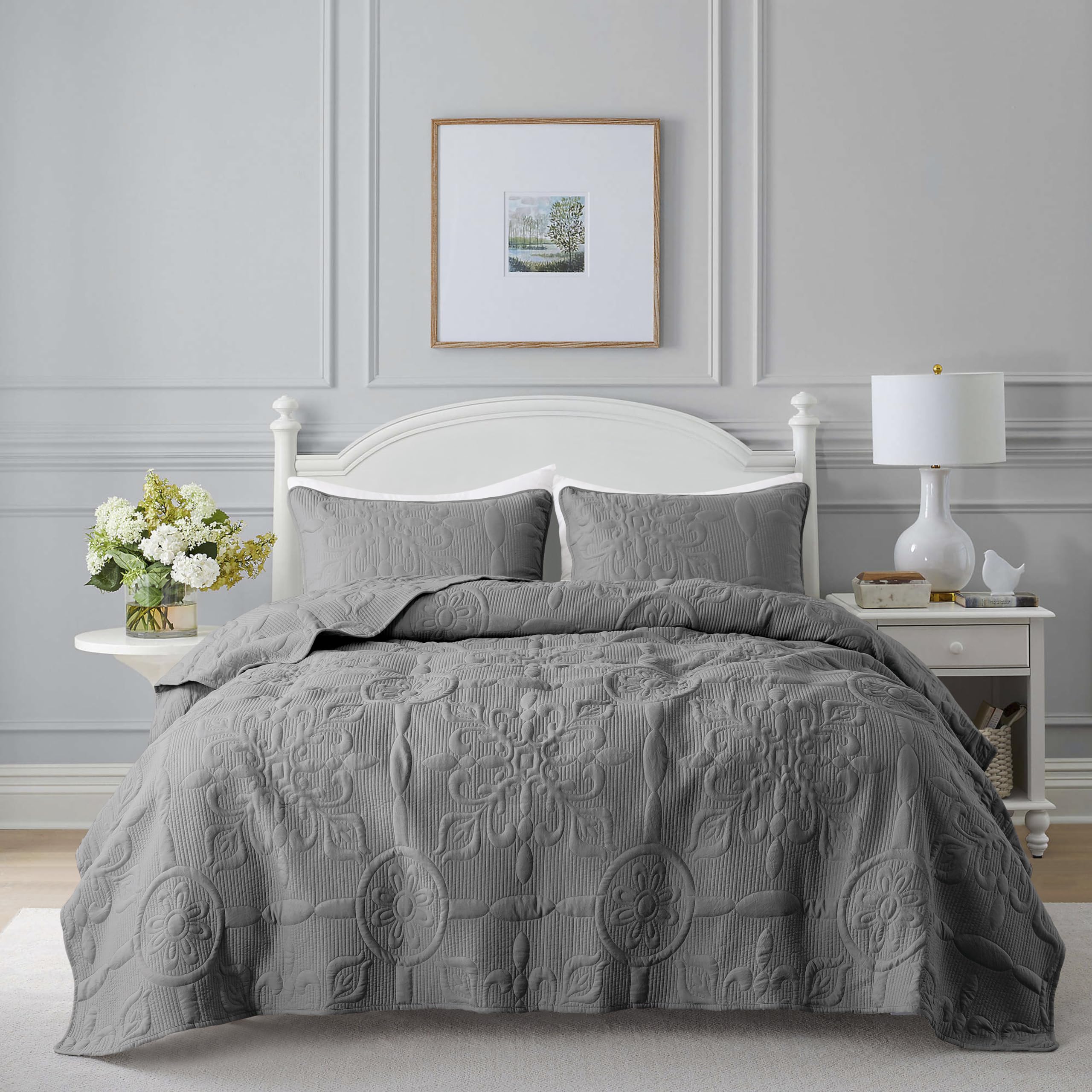 Damask Quilt Queen Size Bedding Sets With Pillow Shams, Boho Lightweight Soft Bedspread Coverlet, Grey Quilted Blanket Thin Comf