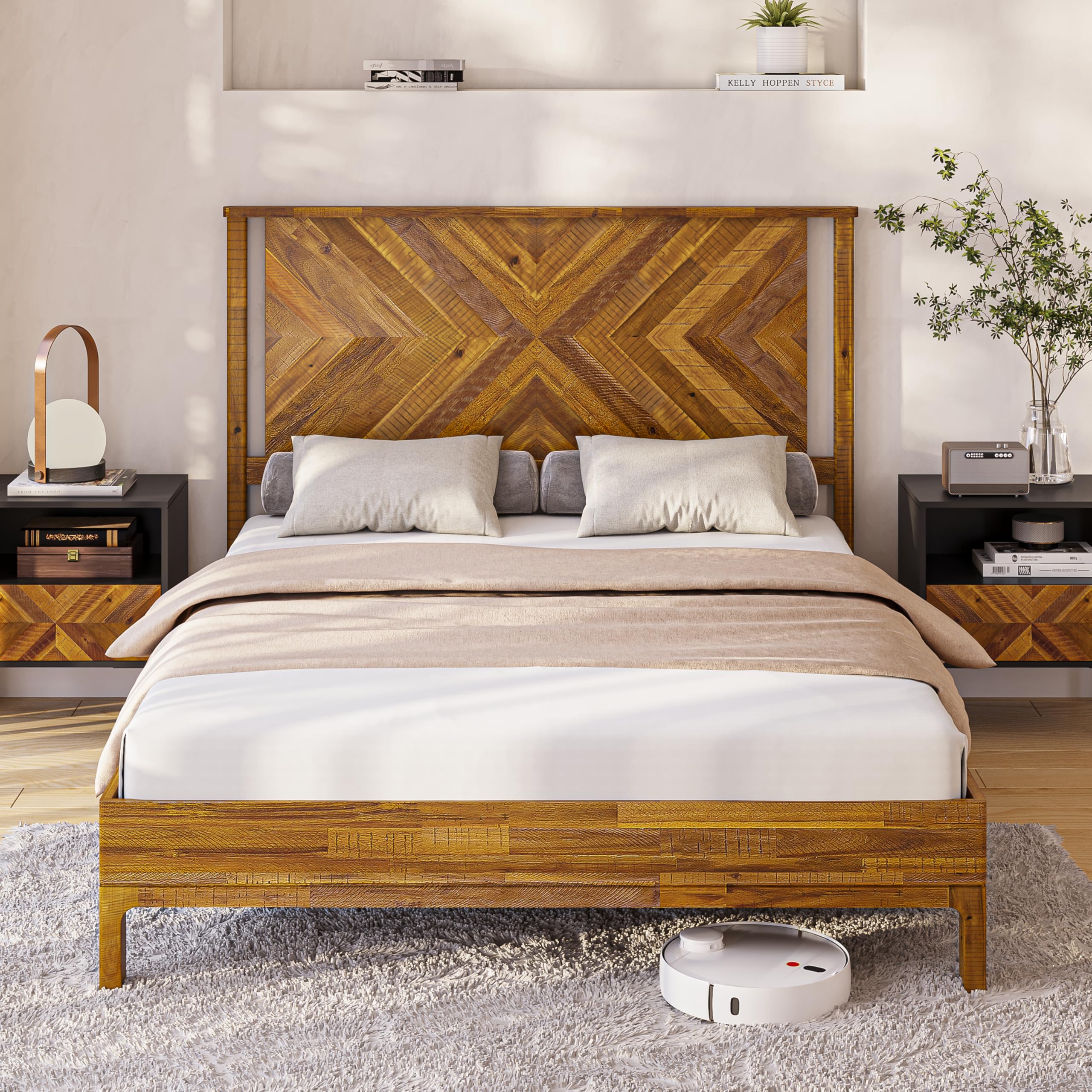 Bme Vivian 14 Inch Deluxe Bed Frame with Headboard, Rustic & Scandinavian Style with Solid Acacia Wood, No Box Spring Needed, 12