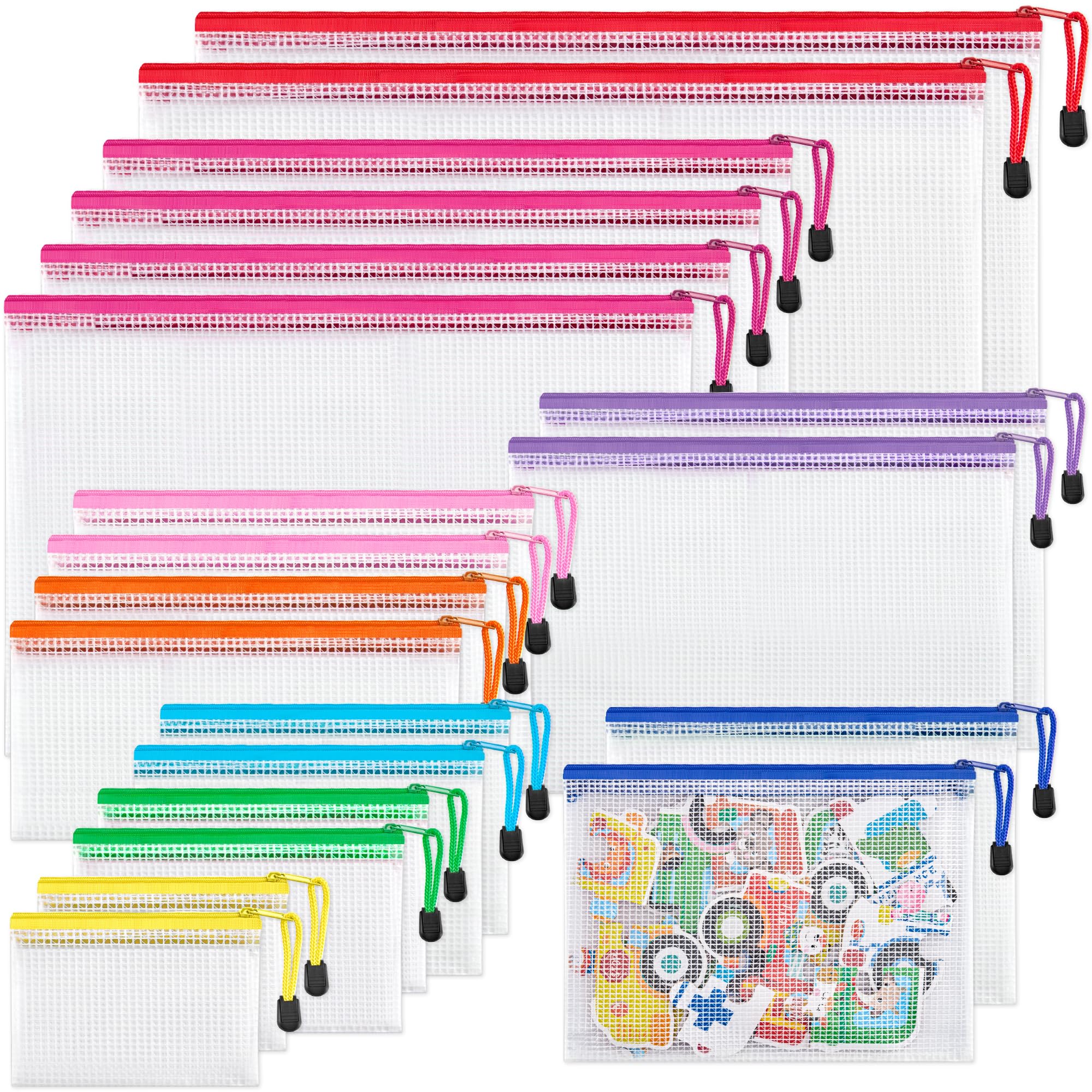 Jarlink 20 Pack 8 Sizes Mesh Pouch, 9 Colors, Waterproof Zipper File Bags Document Multipurpose Travel Bags For Office, School,