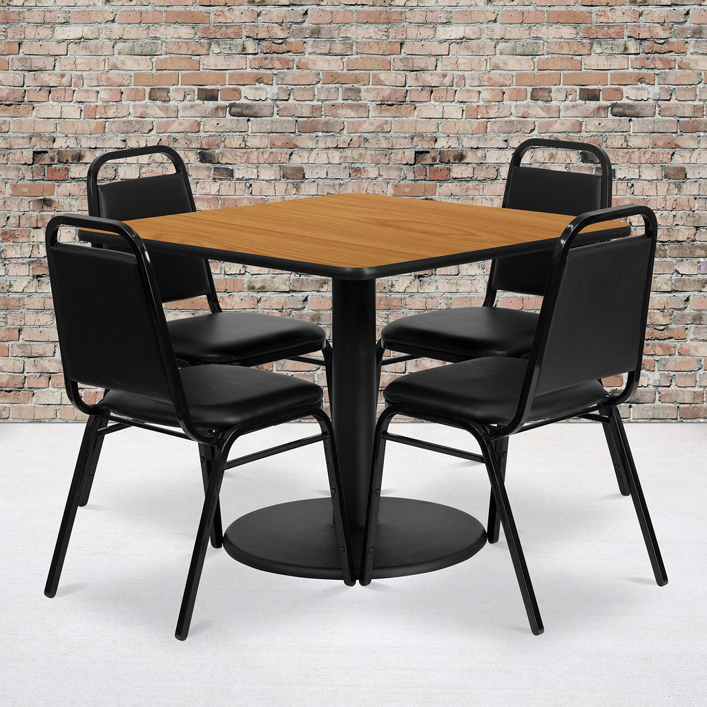 Flash Furniture Jamie 36'' Square Natural Laminate Table Set with Round Base and 4 Black Trapezoidal Back Banquet Chairs