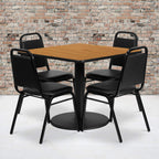 Flash Furniture Jamie 36'' Square Natural Laminate Table Set with Round Base and 4 Black Trapezoidal Back Banquet Chairs