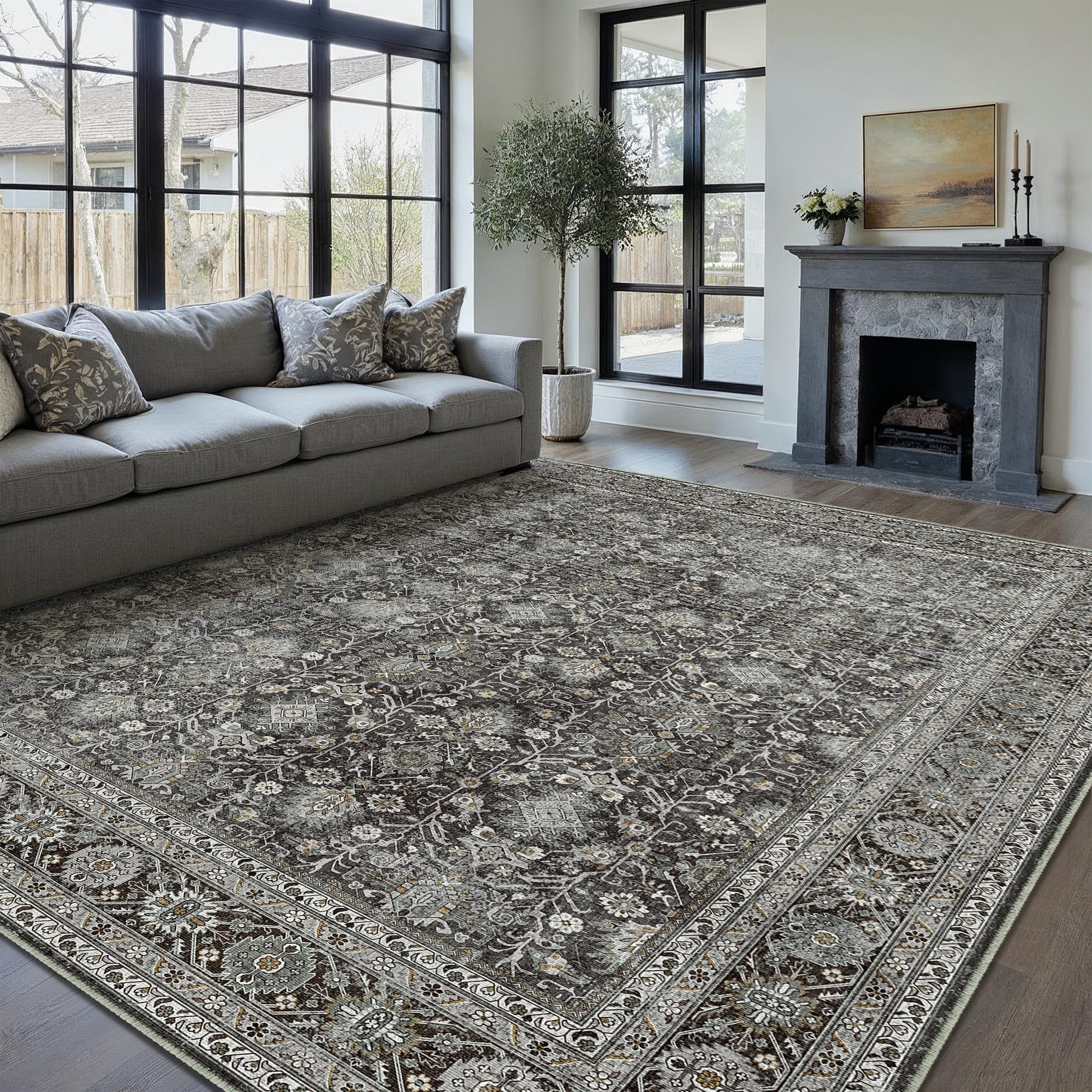 PureCozy Vintage Area Rug 10x14 Black Washable Living Room Large Carpet Non Slip Bedroom Indoor Office Low Pile Traditional Dist
