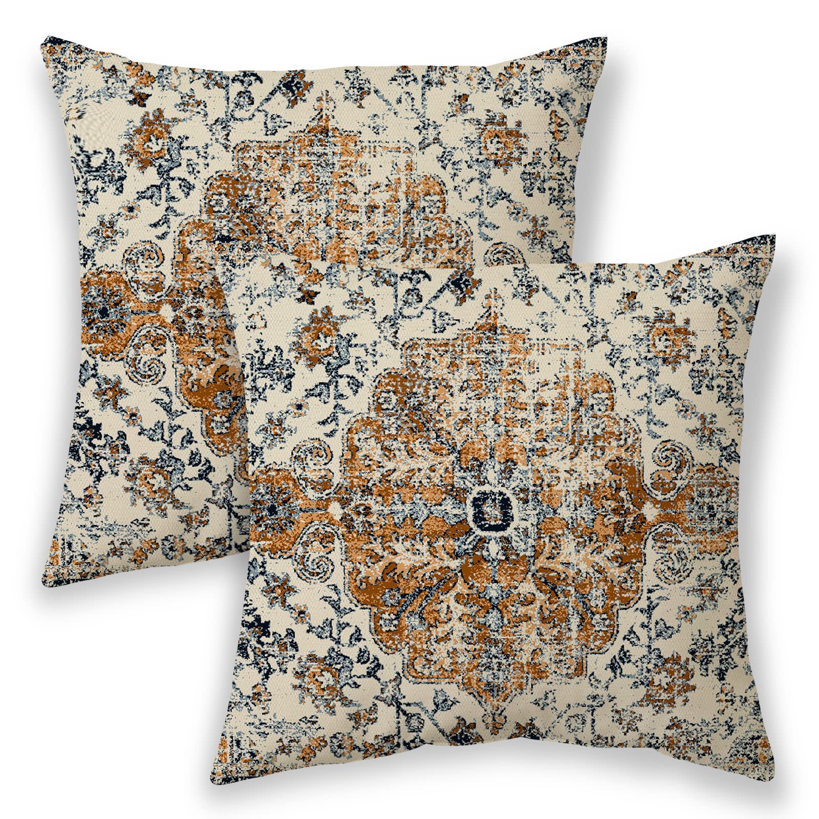 Betginy Boho Pillow Covers 20X20, Burnt Orange And Blue Ethnic Design Outdoor Decorative Throw Pillows For Couch, Carpet Pattern Decor Cushion Cover 2 Pcs Farmhouse Linen Pillowcase For Bed Car Safa