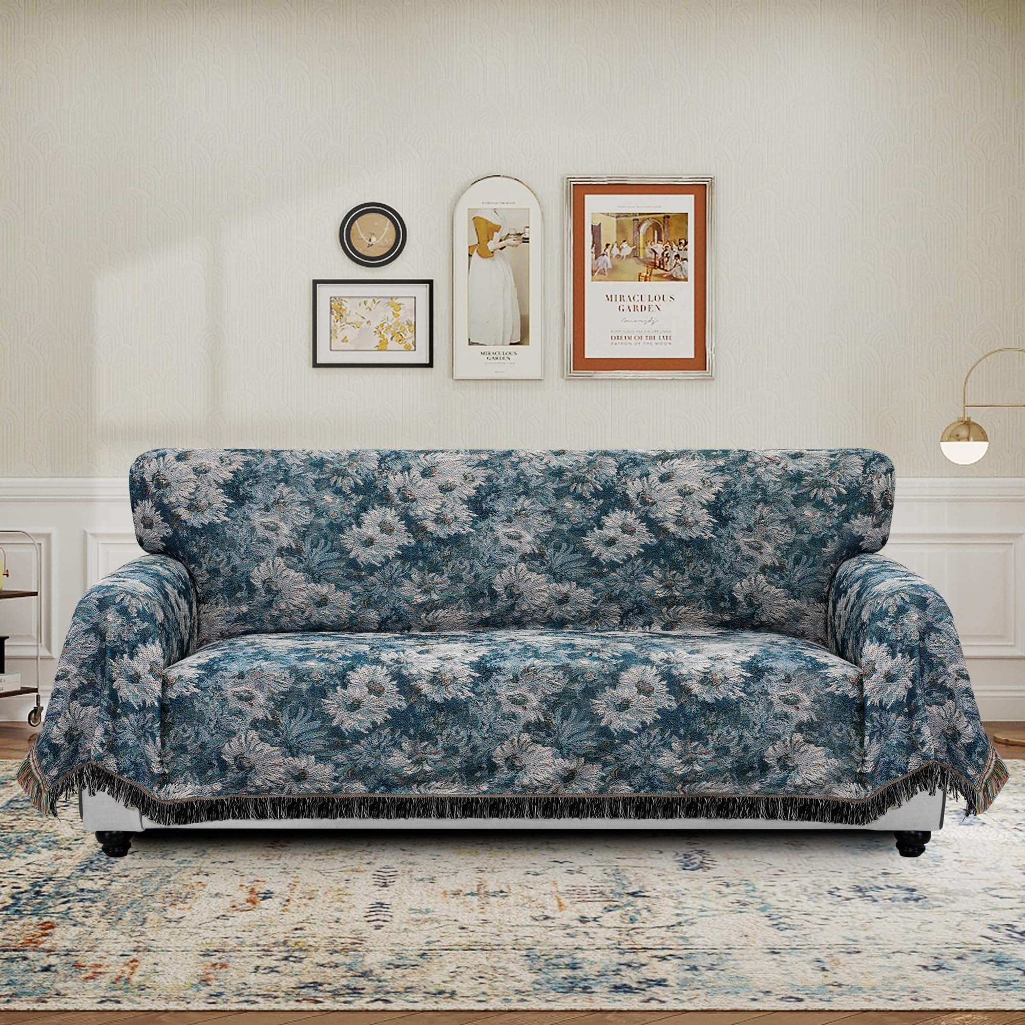 Purefit Geometric Jacquard Throw Sofa Cover - Textured Soft Washable Decorative Couch Covers For 3 Cushion Couch, Throw Cover With Tassels Furniture Protector For Pets (X-Large, Flower Peacock Blue)