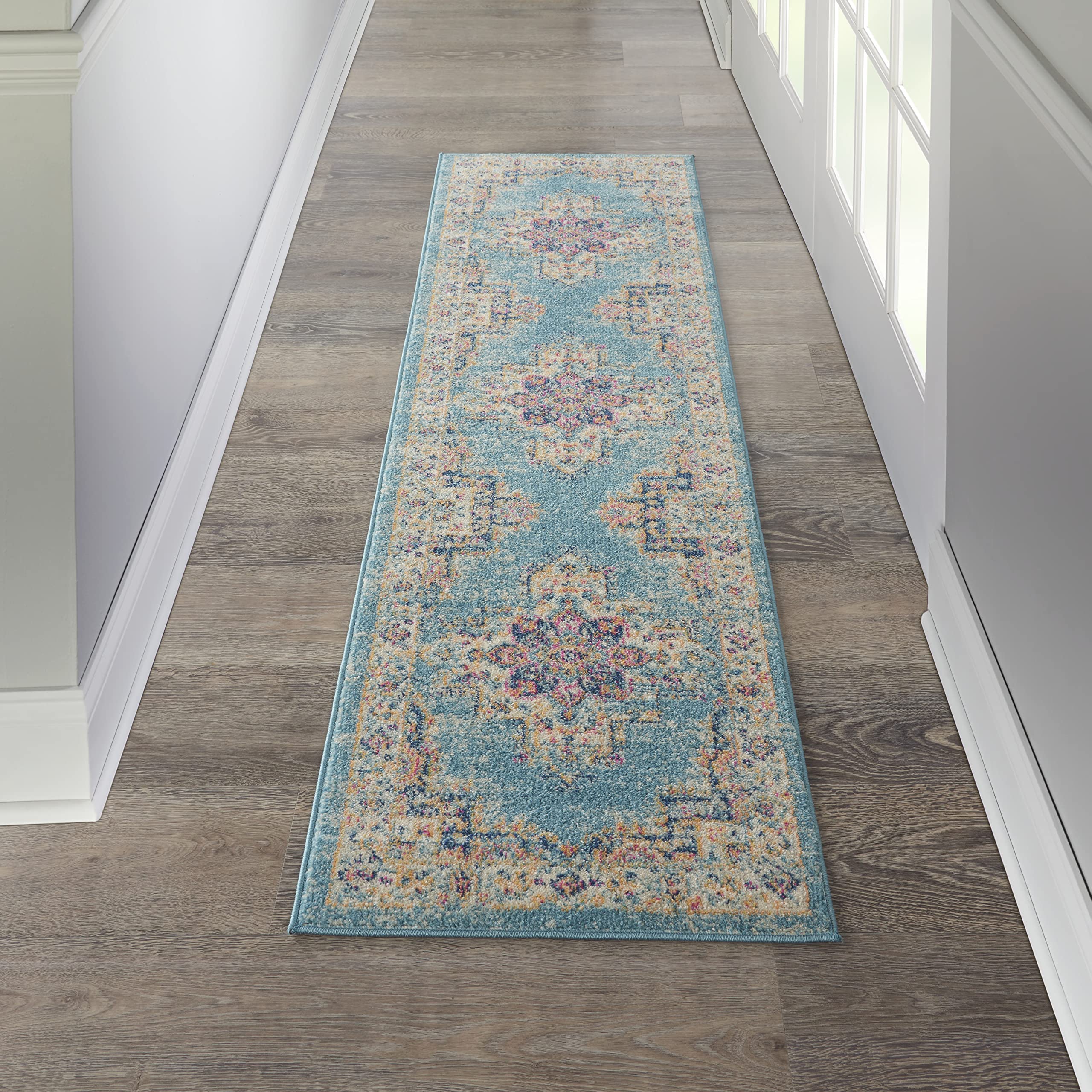 Nourison Passion Light Blue 2'2' X 7'6' Area Rug, Boho, Traditional, Easy Cleaning, Non Shedding, Bed Room, Living Room, Hallway, (8' Runner)