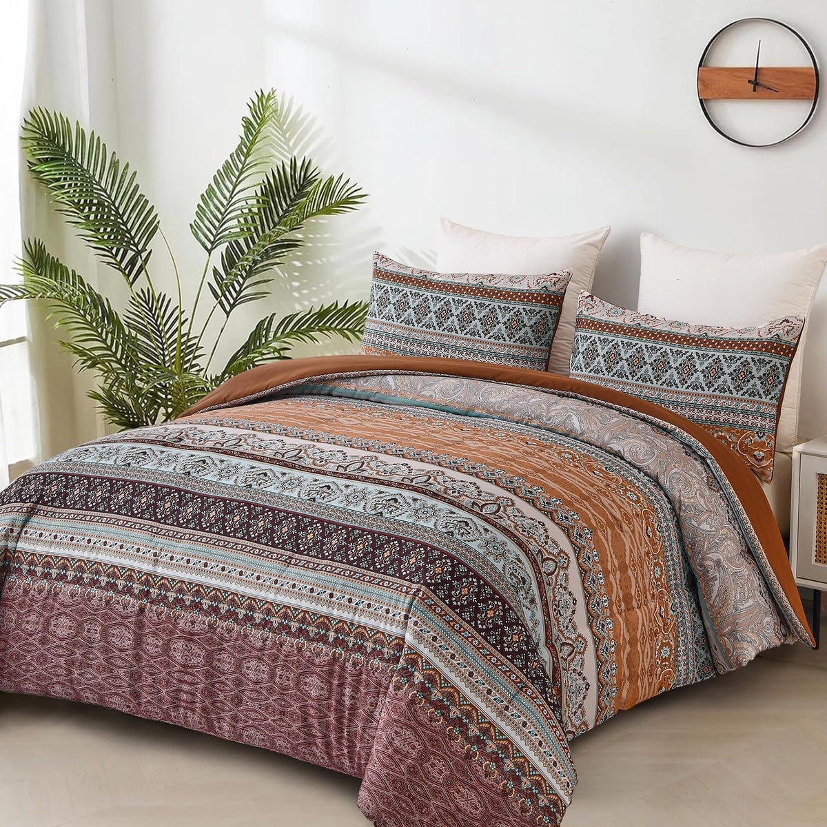 Boho Comforter Queen Size Set, 3 Piece Brown Bohemian Striped Western Comforter Set Queen Size, Ultra-Soft Lightweight Microfibe