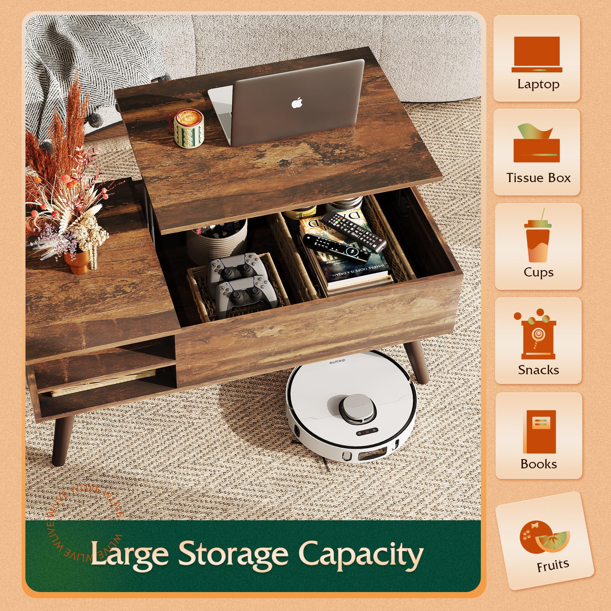 Wlive Wood Lift Top Coffee Table With Hidden Compartment And Adjustable Storage Shelf, Lift Tabletop Dining Table For Home Living Room, Office, Rustic Oak